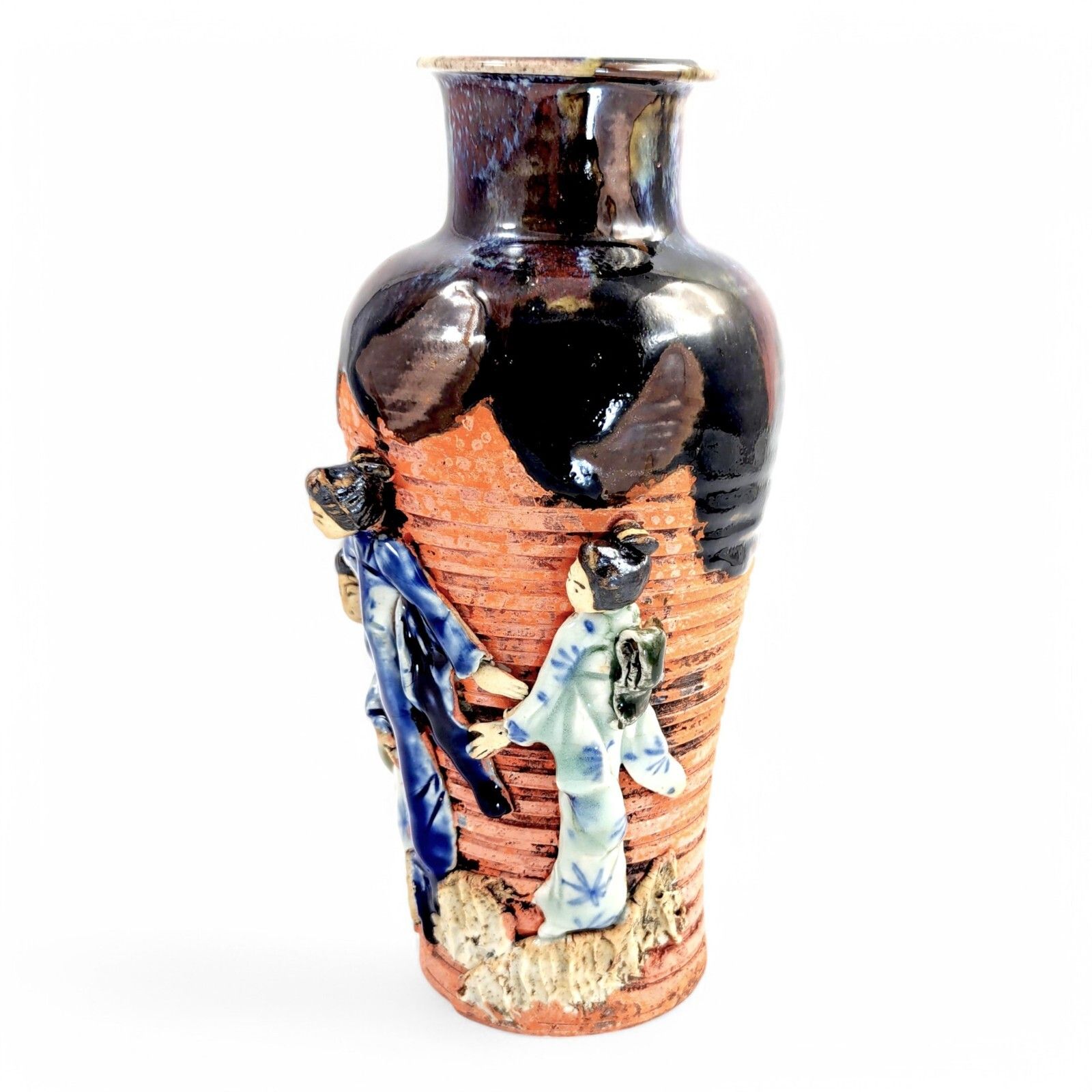 Sumida Gawa Japanese Vase With Child Figure, Signed Hiroshi Oxblood Glaze C 1900 photo for sale