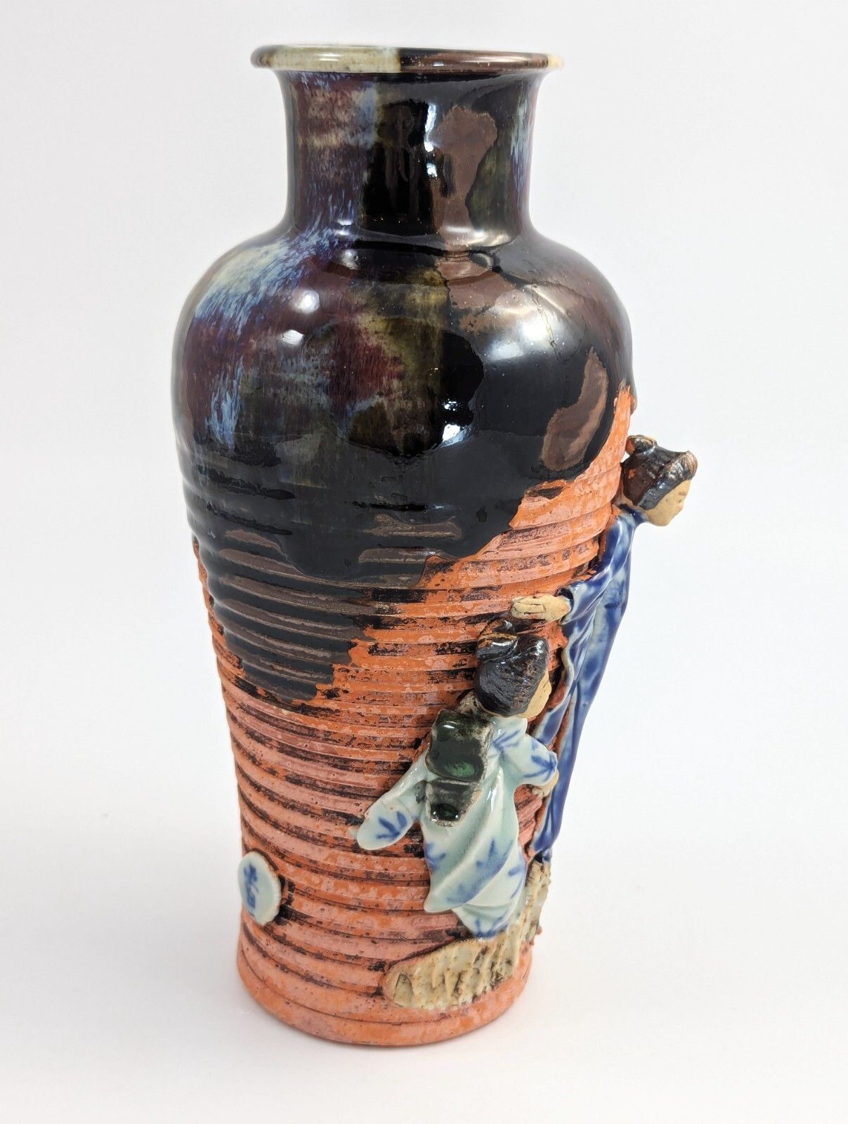 Sumida Gawa Japanese Vase With Child Figure, Signed Hiroshi Oxblood Glaze C 1900 photo vintage
