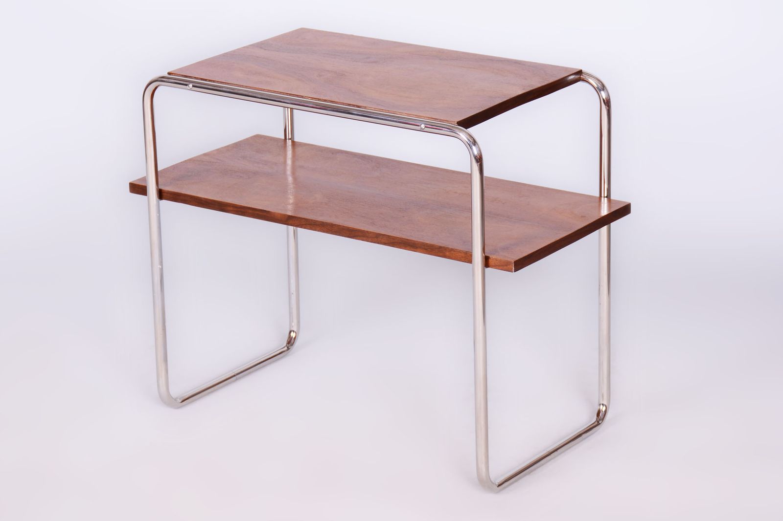 Restored Bauhaus Side Table, Walnut, Chrome Plated Steel, Polish, Czech, 1930s