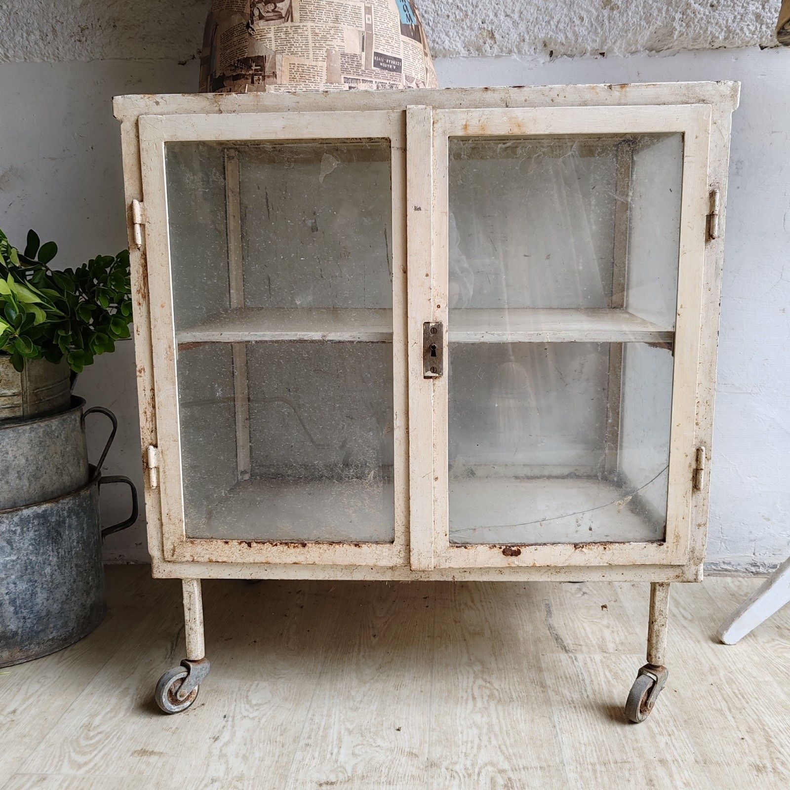 1920s Central European Medical Cabinet – Metal & Glass, Strong Casters, Rare photo furniture