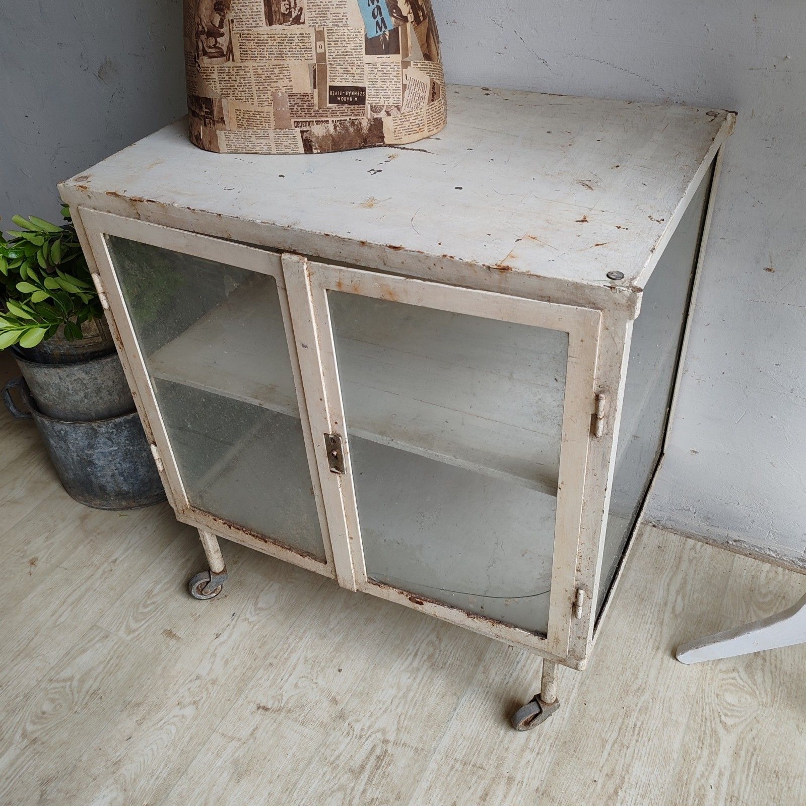 1920s Central European Medical Cabinet – Metal & Glass, Strong Casters, Rare photo 199.0