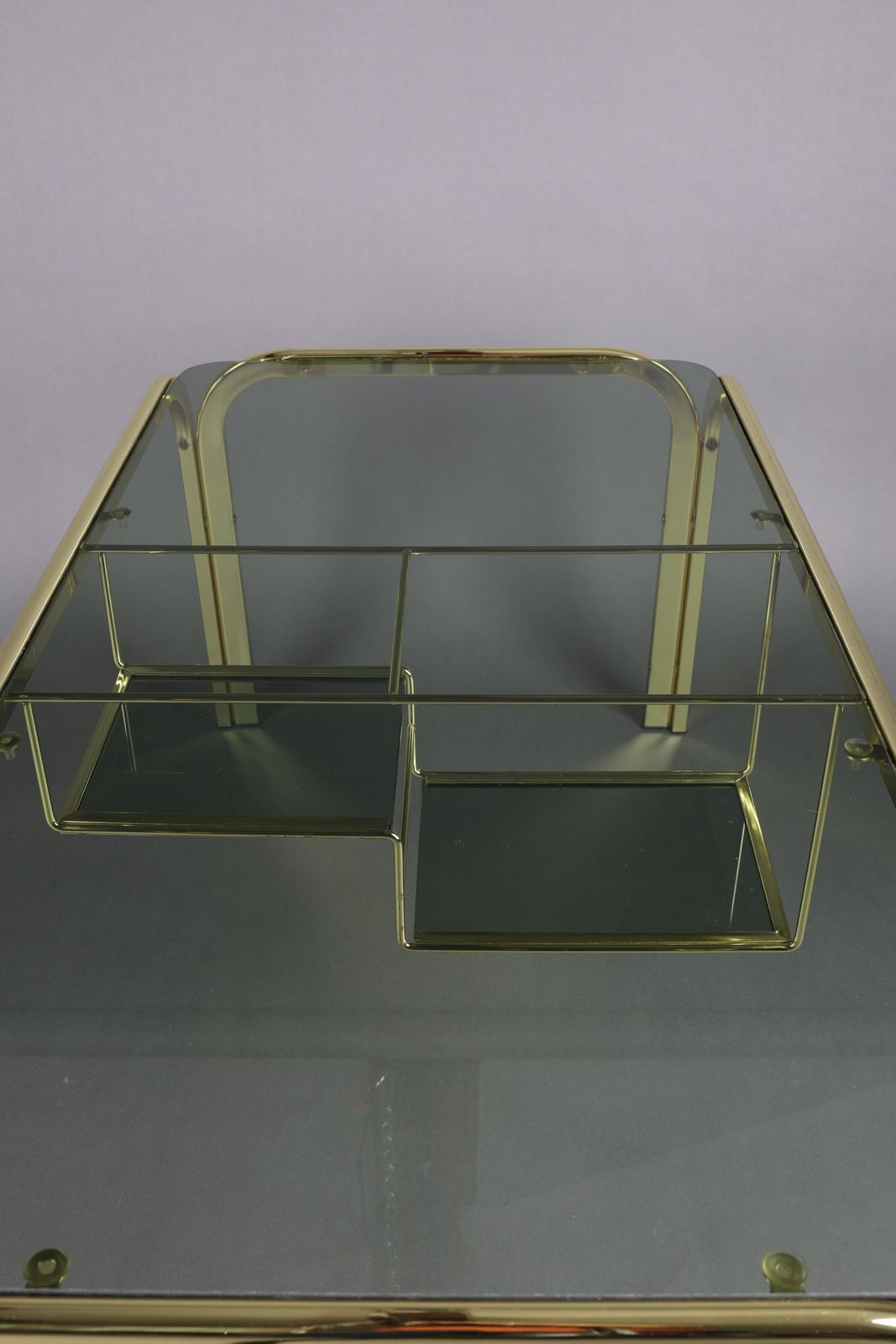 Vintage 1970s Smoked Glass Coffee Table With Gold Accents | Glass Top Table For Living Room | Rectangular Coffee Table With Storage Shelf photo 555.0
