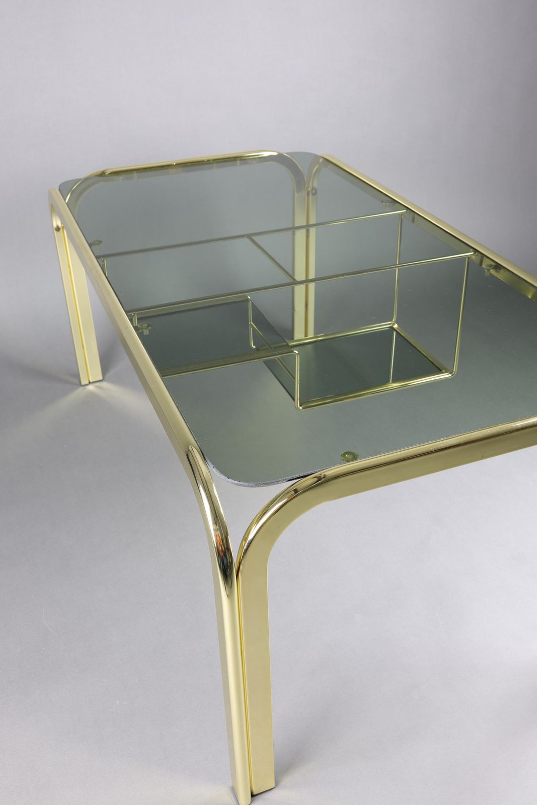 Vintage 1970s Smoked Glass Coffee Table With Gold Accents | Glass Top Table For Living Room | Rectangular Coffee Table With Storage Shelf photo vinterior