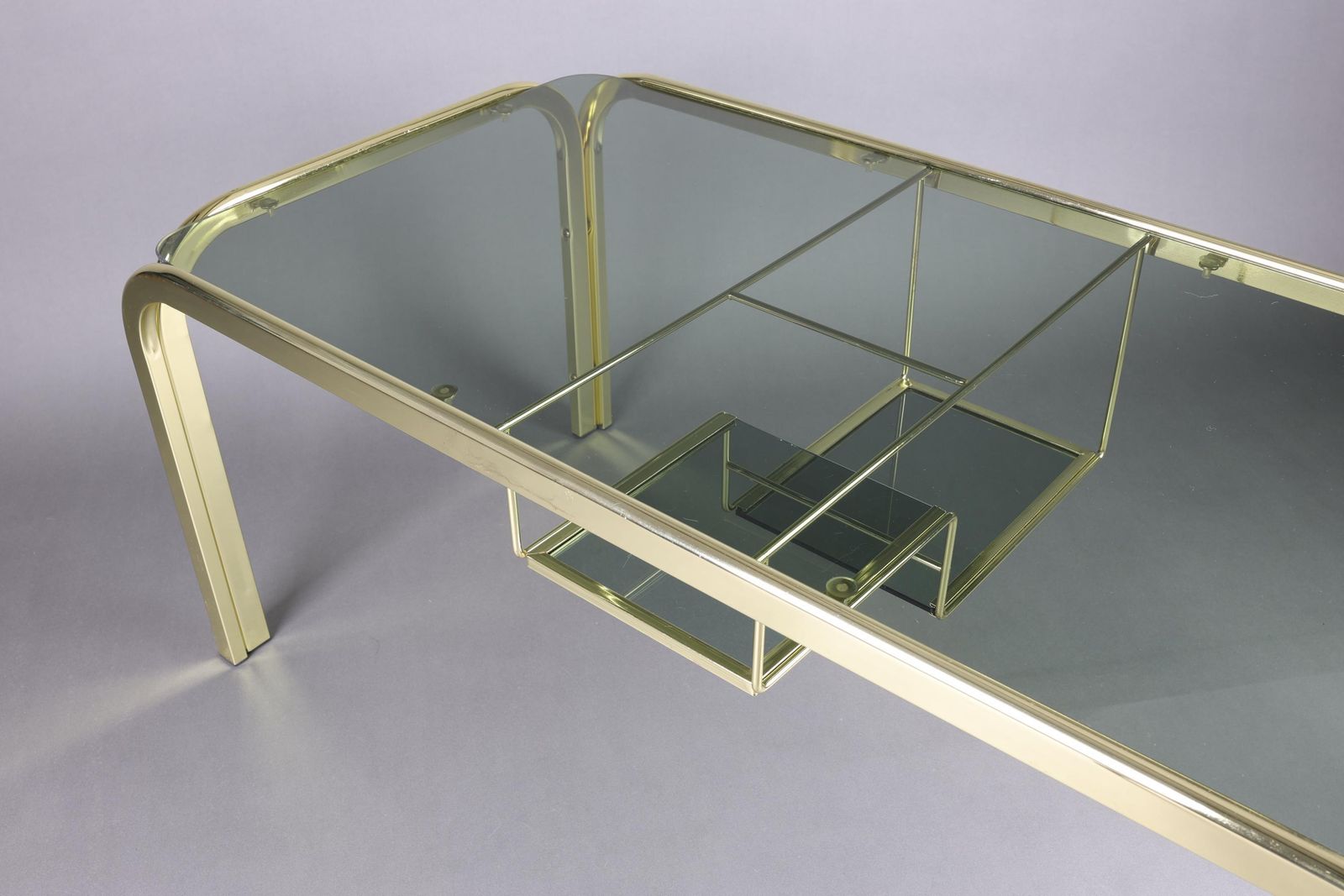 Vintage 1970s Smoked Glass Coffee Table With Gold Accents | Glass Top Table For Living Room | Rectangular Coffee Table With Storage Shelf photo buy