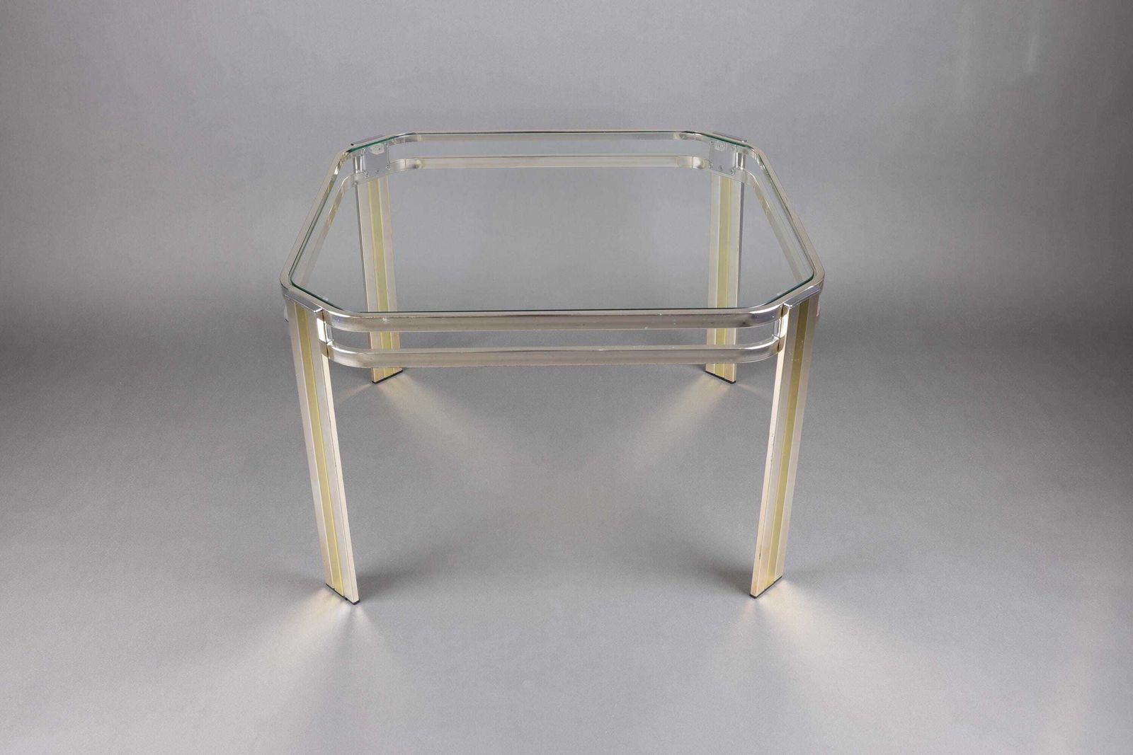 Vintage Chrome And Glass Coffee Table With Gold Accents | Mid Century Modern Square Side Table | Hollywood Regency Glam Square Coffee Table photo furniture