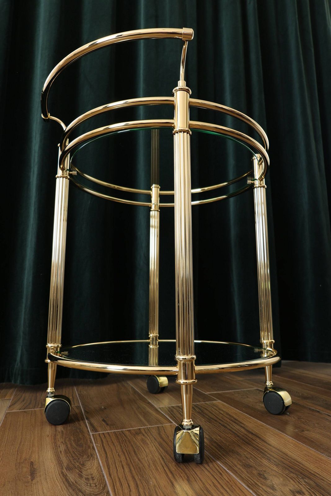 Luxury Vintage Gold Round Bar Cart With Glass Shelves For Home Entertainment Stylish Serving Trolley With Wheels For Drinks Cocktail Parties photo for sale