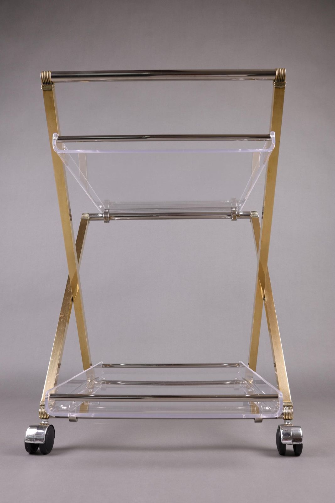 1970s Acrylic & Brass Bar Cart | Hollywood Regency Rolling Trolley | Vintage Lucite Drinks Cart With Gold Accents photo Furniture