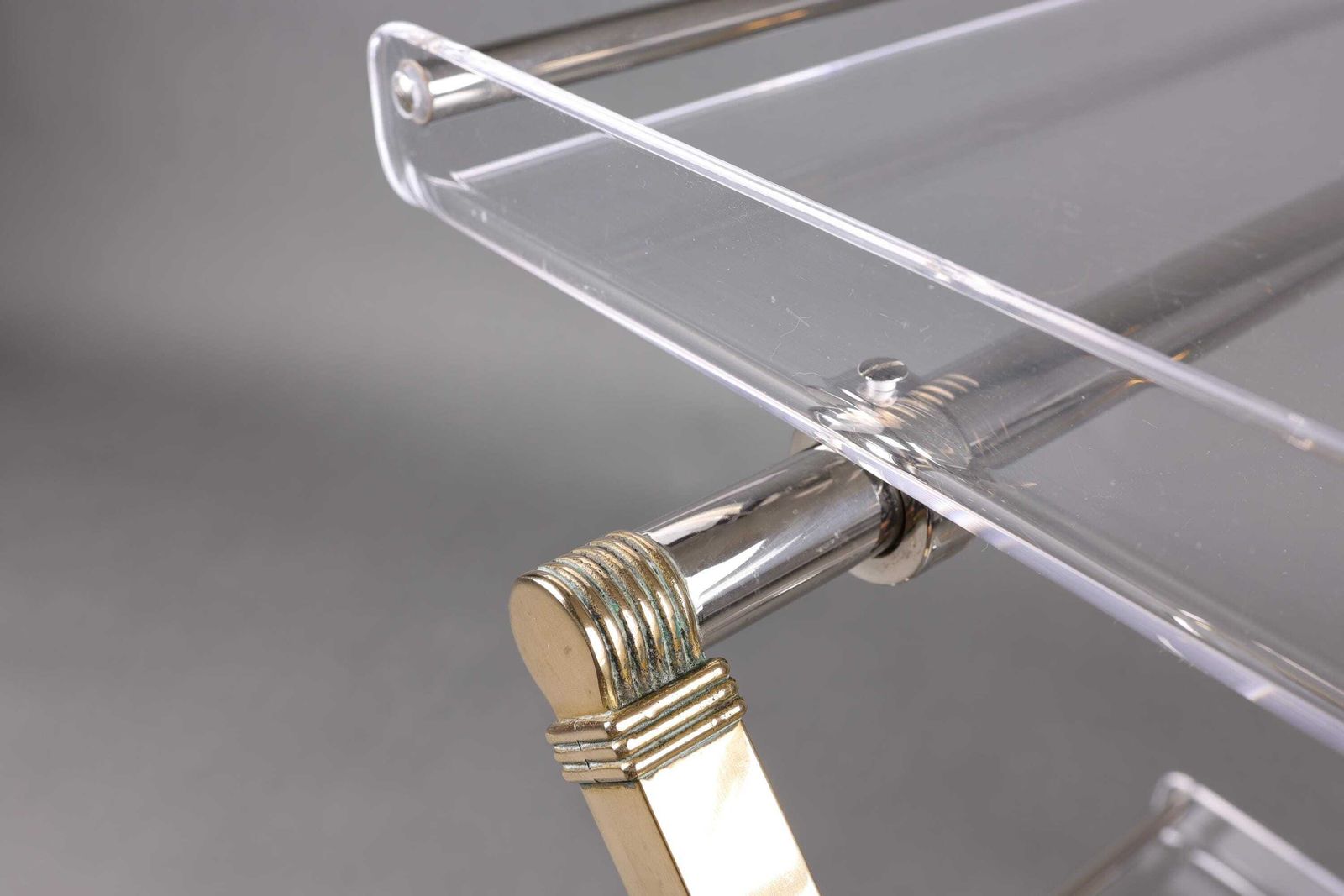 1970s Acrylic & Brass Bar Cart | Hollywood Regency Rolling Trolley | Vintage Lucite Drinks Cart With Gold Accents photo 1050.0