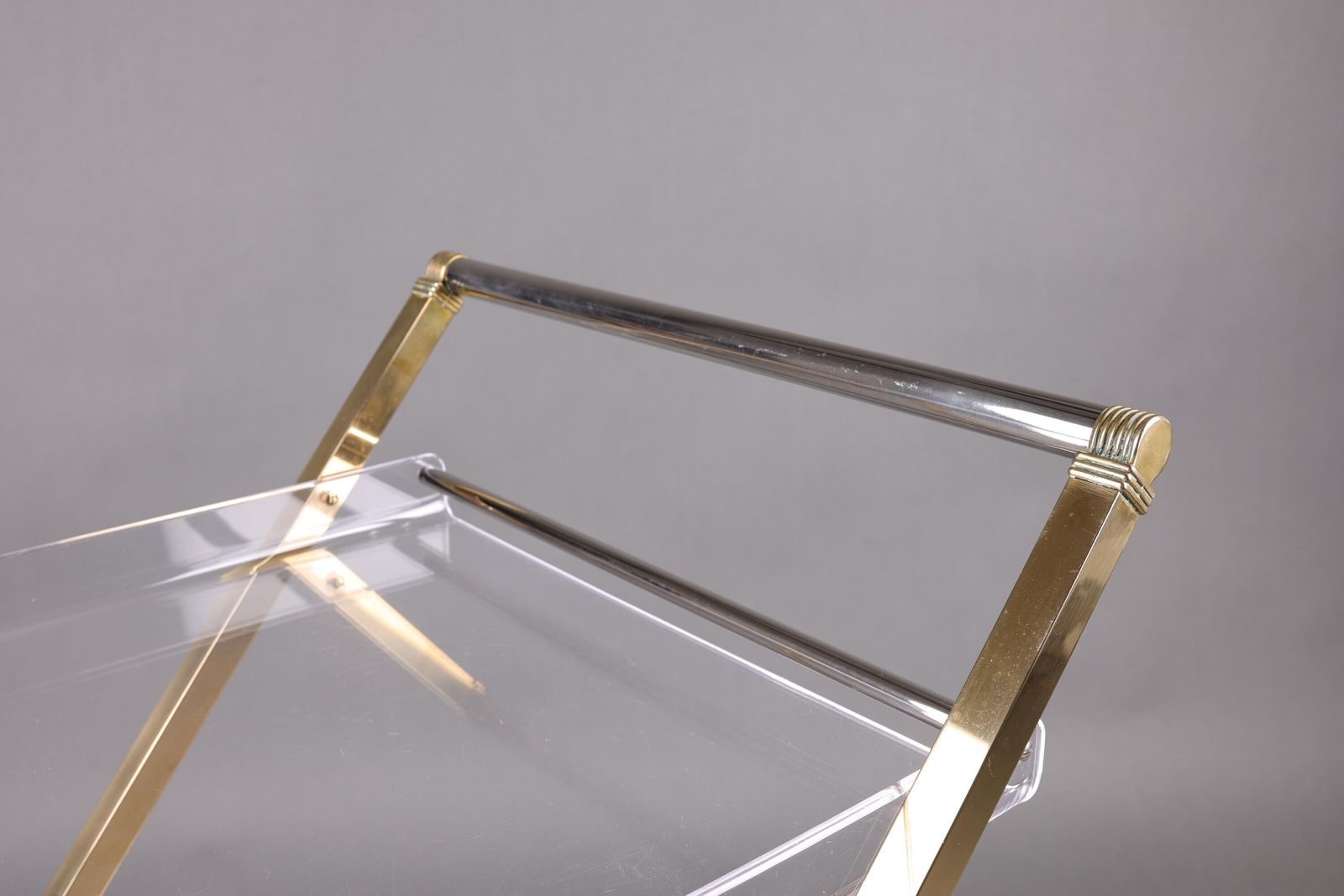 1970s Acrylic & Brass Bar Cart | Hollywood Regency Rolling Trolley | Vintage Lucite Drinks Cart With Gold Accents photo vinterior