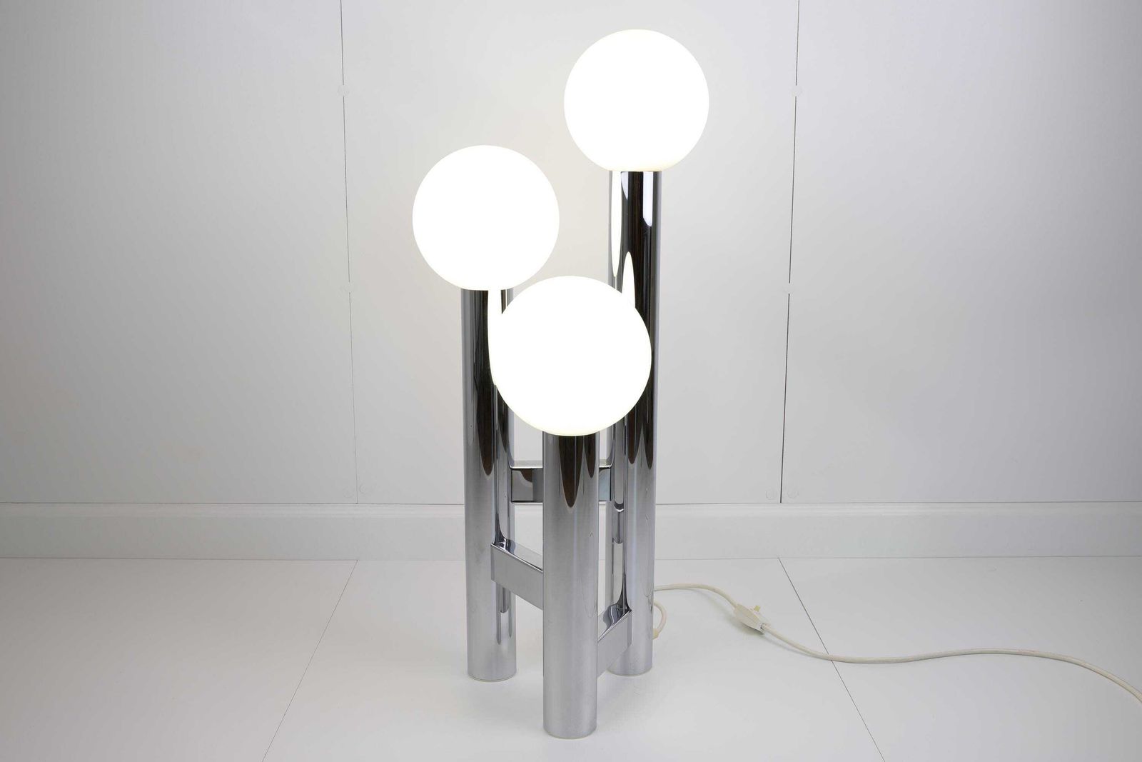 Unique Vintage German Mid Century Modern Table Lamp | 1970s Space Age Chrome Desk Lamp | Retro Globe Lamp With Three Opal Glass Spheres photo furniture