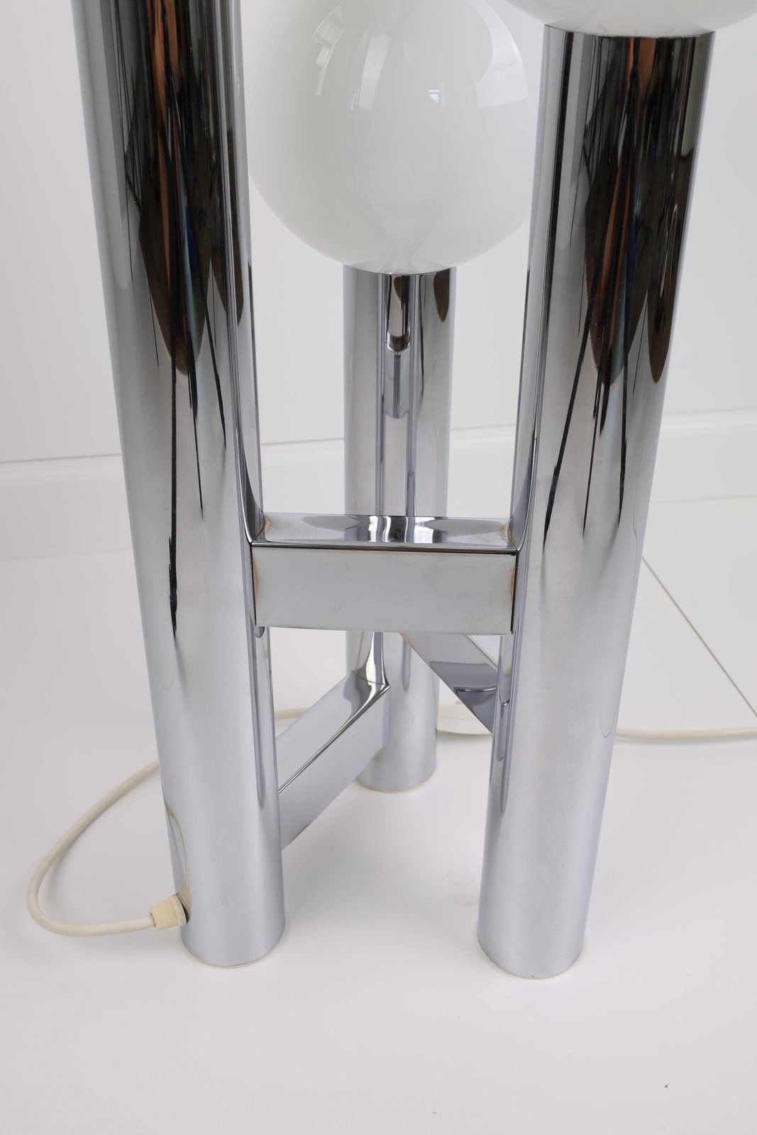 Unique Vintage German Mid Century Modern Table Lamp | 1970s Space Age Chrome Desk Lamp | Retro Globe Lamp With Three Opal Glass Spheres photo vinterior