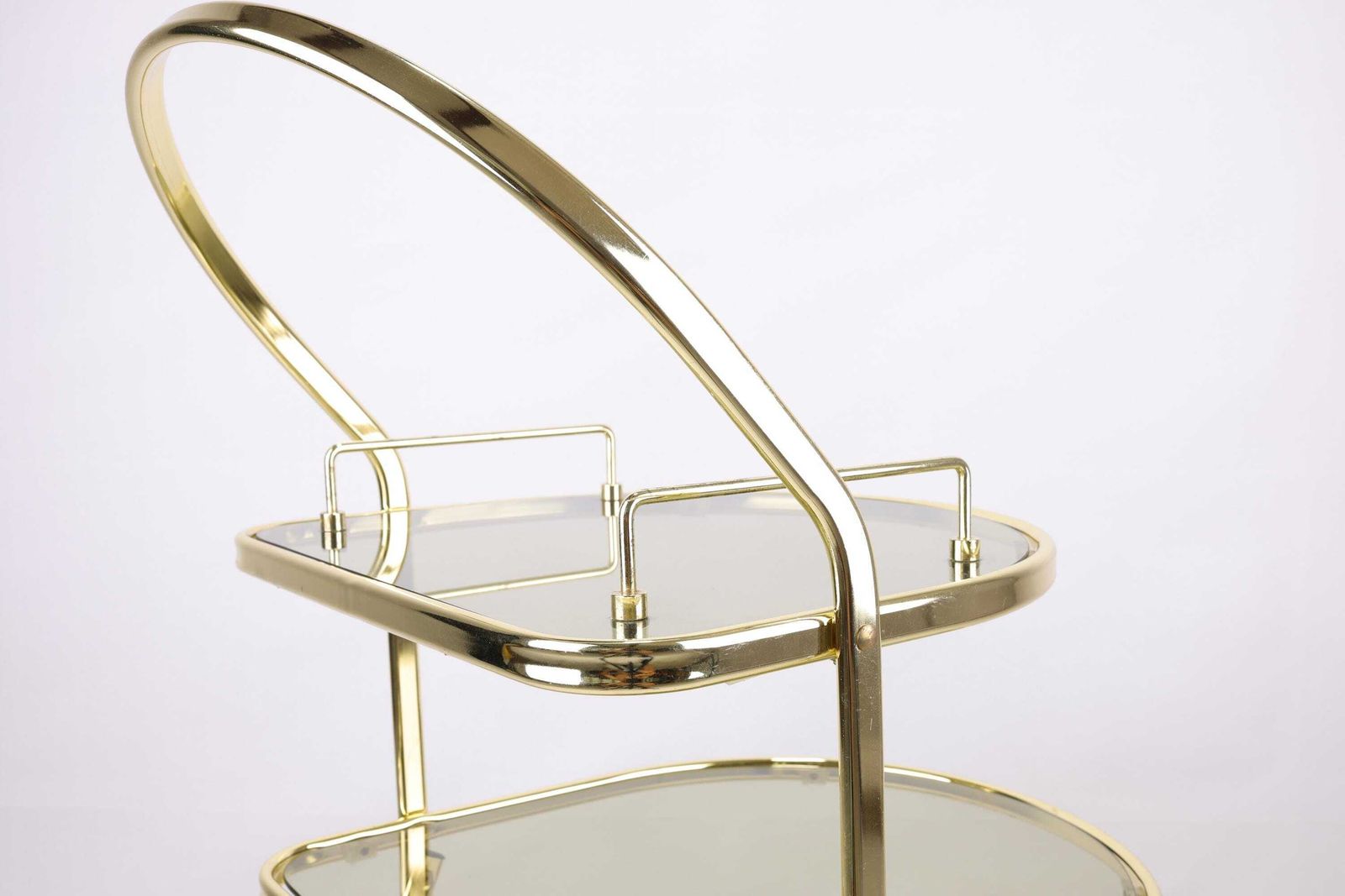Gold Bar Cart | Mid Century Modern Serving Trolley | Three Tier Drinks Cart With Glass Shelves | Vintage Style Beverage Cart photo vinterior