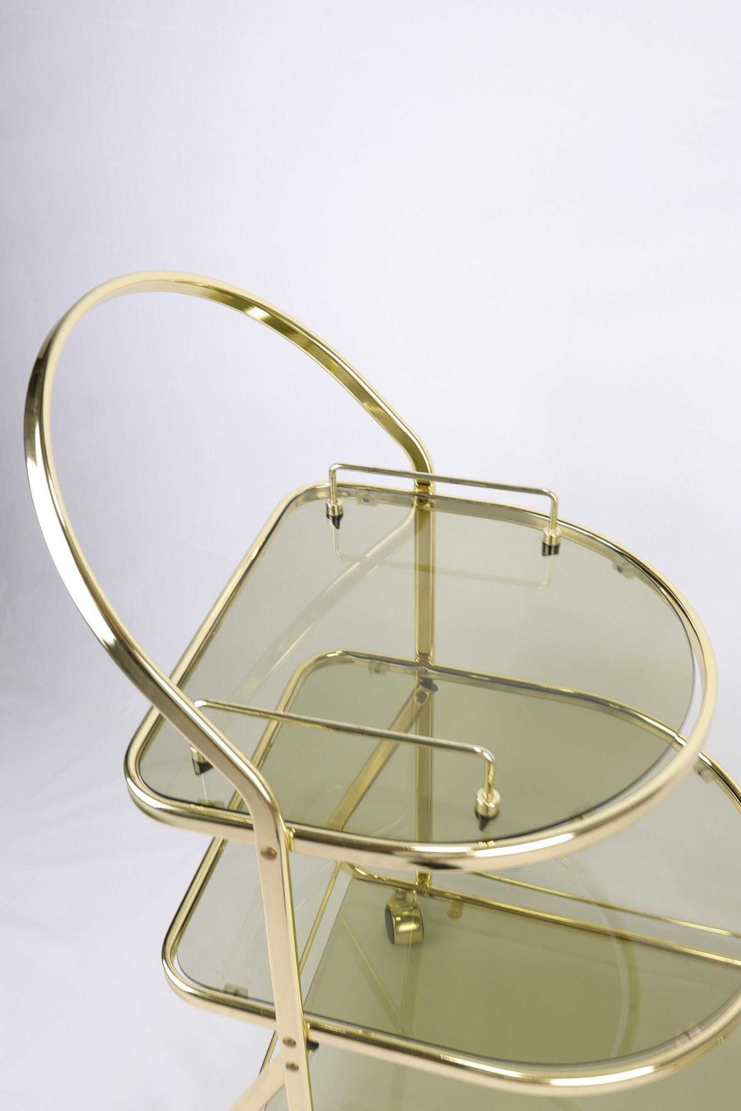 photo for sale Gold Bar Cart | Mid Century Modern Serving Trolley | Three Tier Drinks Cart With Glass Shelves | Vintage Style Beverage Cart