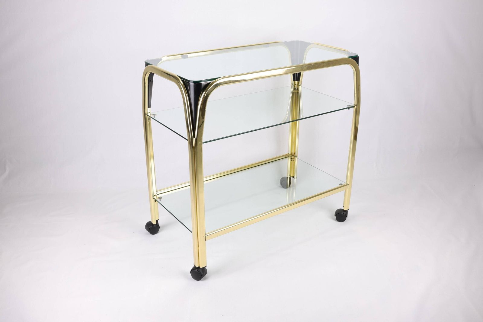 Vintage Brass And Glass Rolling Console Table | Mid Century Modern Table On Wheels | 3 Tier Retro Rolling Sofa Table For Living Room