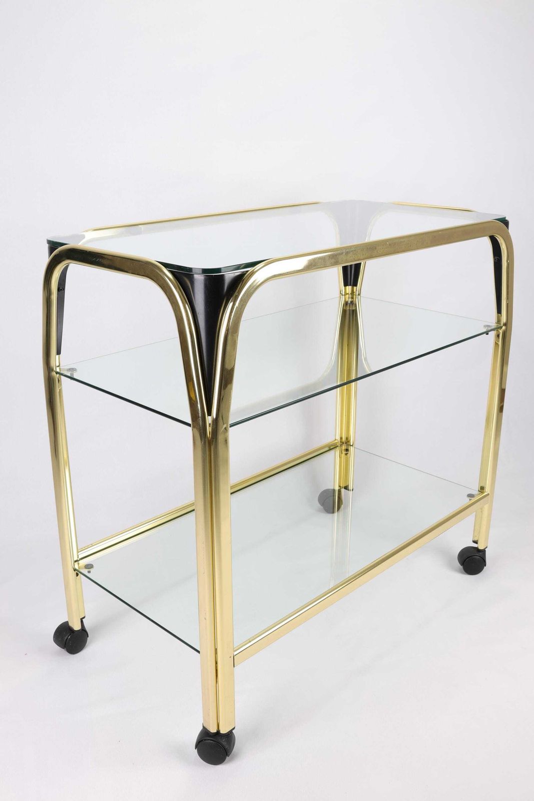 Vintage Brass And Glass Rolling Console Table | Mid Century Modern Table On Wheels | 3 Tier Retro Rolling Sofa Table For Living Room photo vinterior