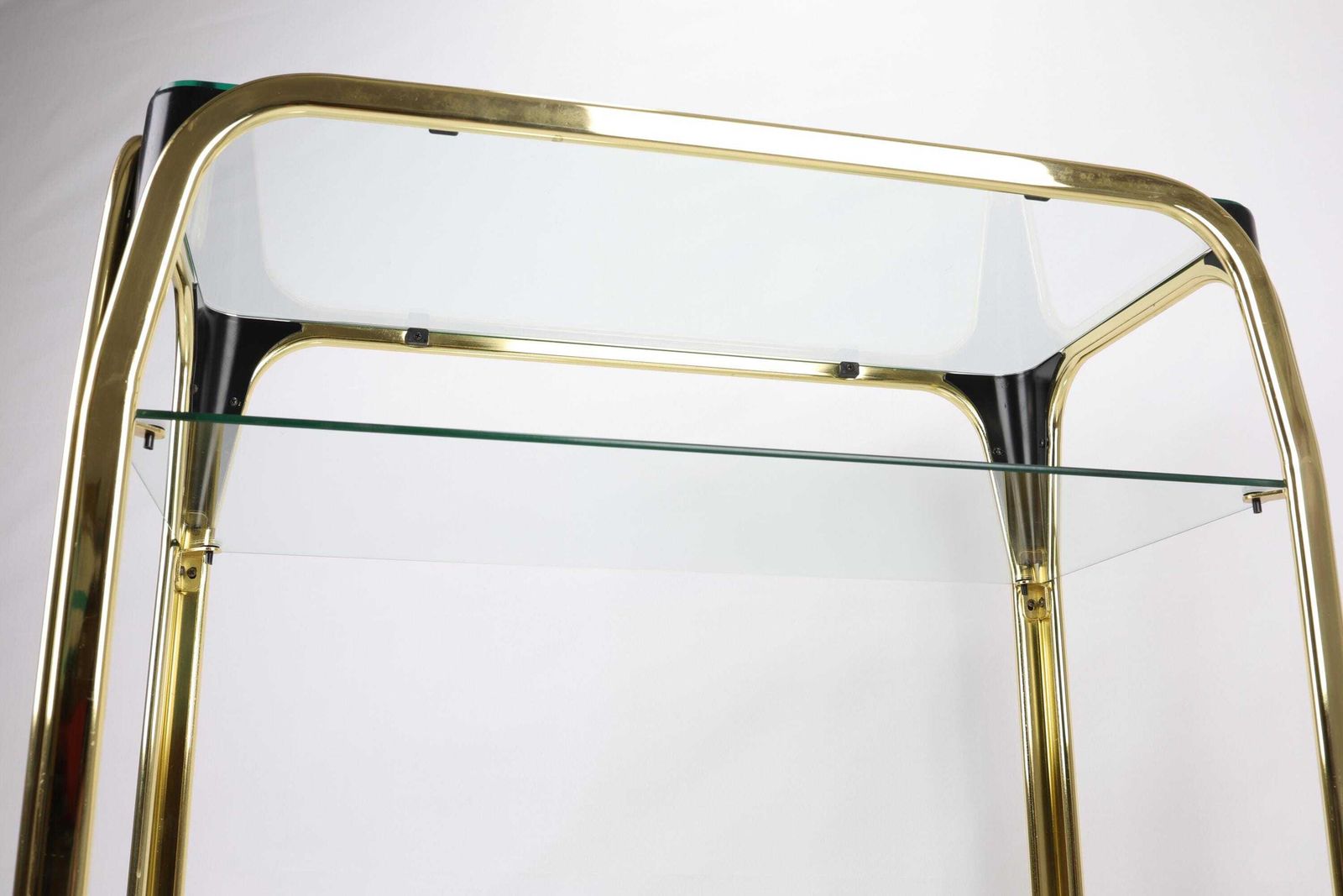 Vintage Brass And Glass Rolling Console Table | Mid Century Modern Table On Wheels | 3 Tier Retro Rolling Sofa Table For Living Room photo vintage