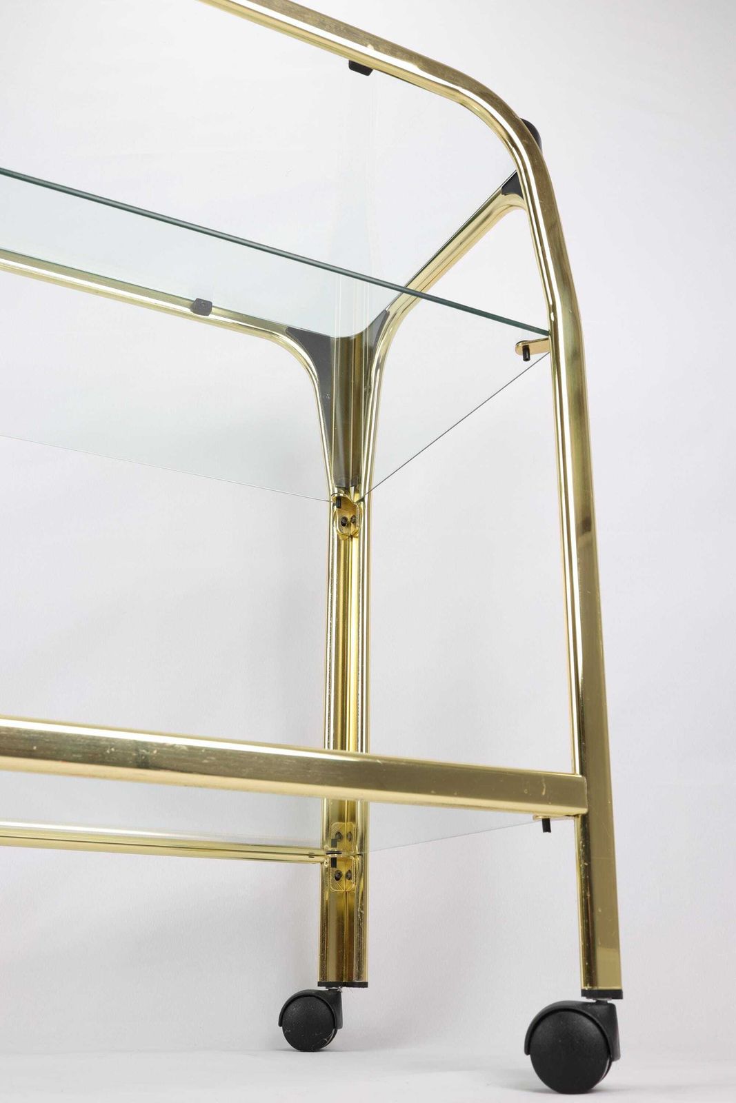 photo furniture Vintage Brass And Glass Rolling Console Table | Mid Century Modern Table On Wheels | 3 Tier Retro Rolling Sofa Table For Living Room