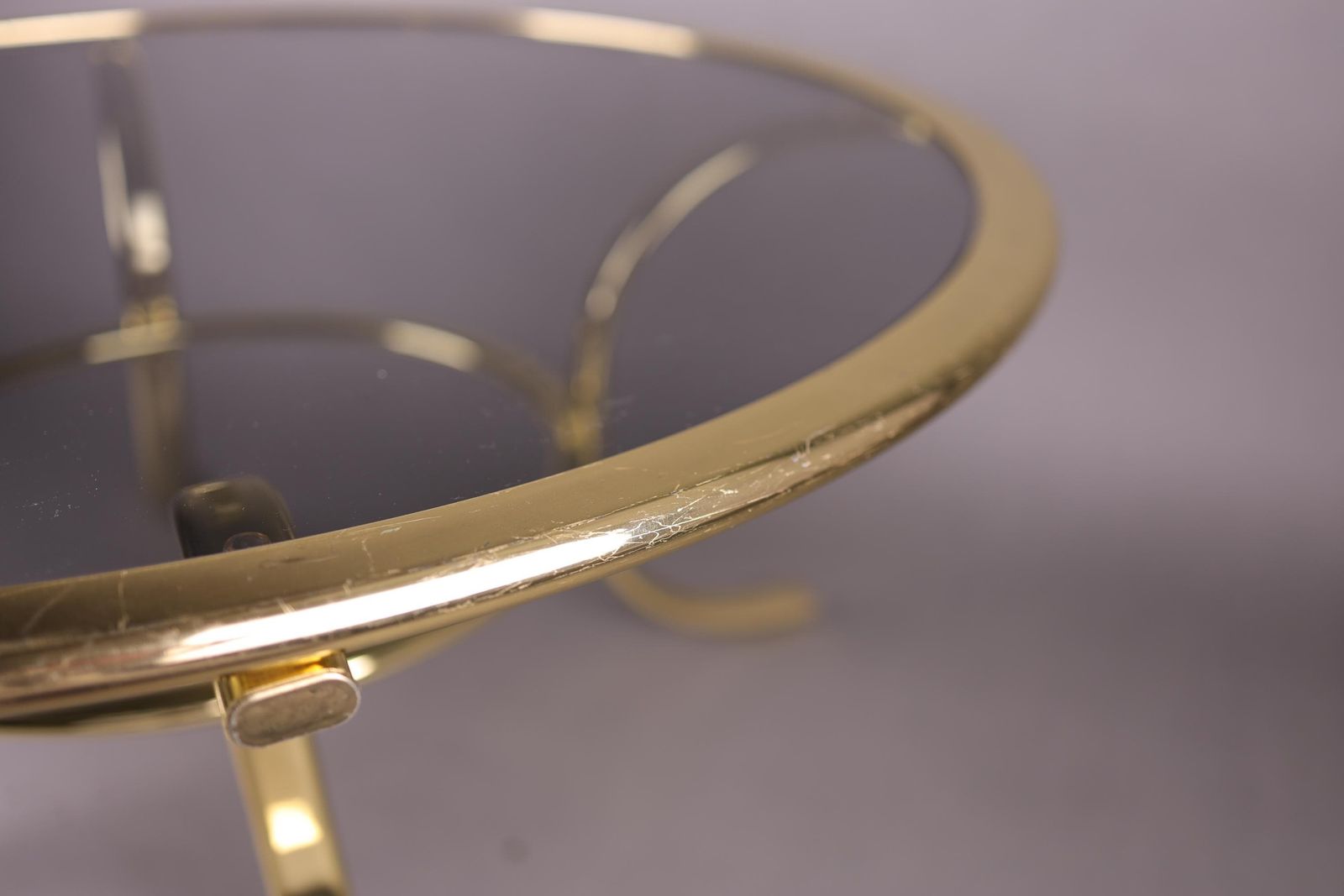 1970s Smoked Glass Coffee Table | Gold Accent Table | Mid Century Modern Glam Furniture photo vinterior