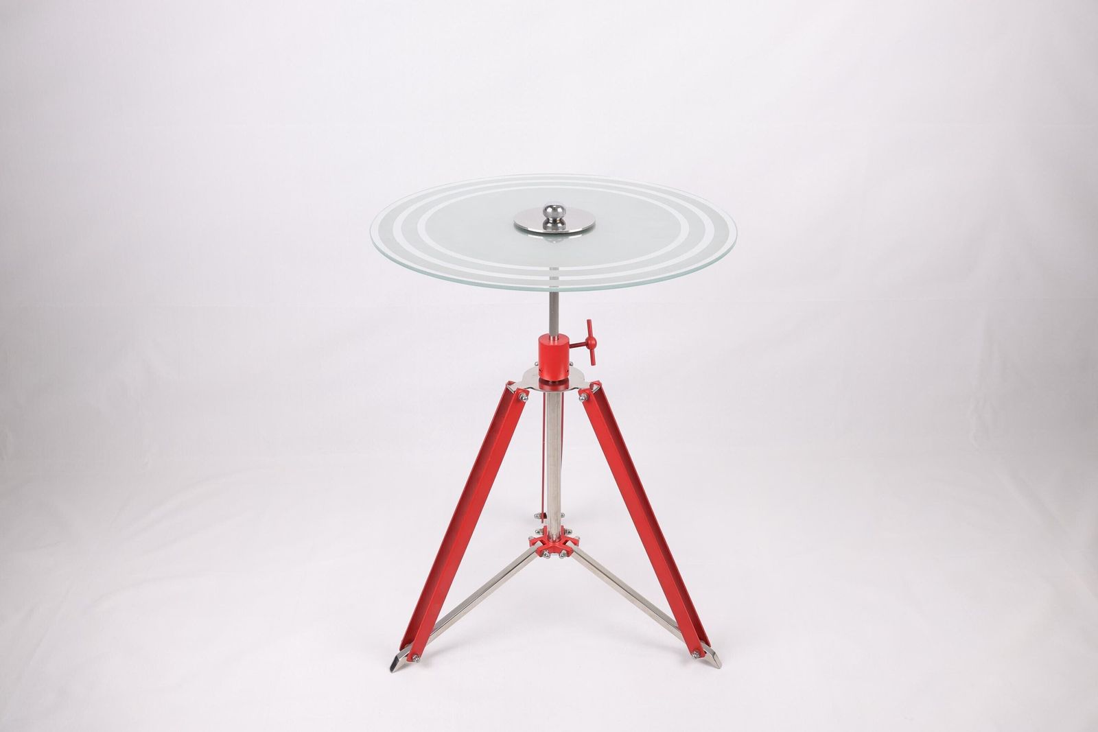 Vintage Adjustable Height Tripod Table | Modern Industrial Glass Side Table | Red Metal And Stainless Steel Base | Compact Foldable Design