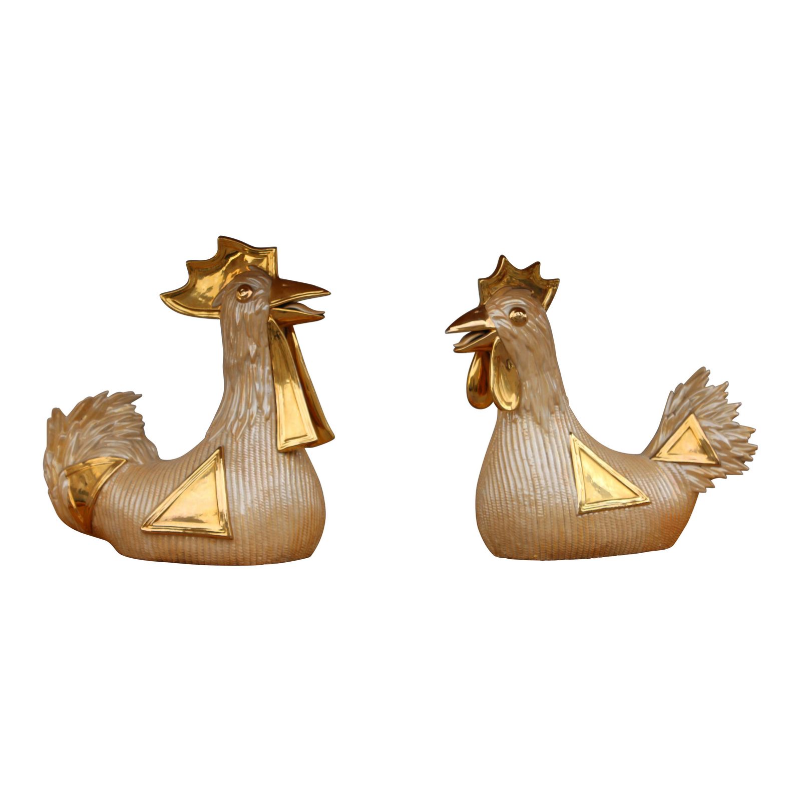 Large Sculptures Of Hen And Rooster Italy 1970 In 24 Kt Gold