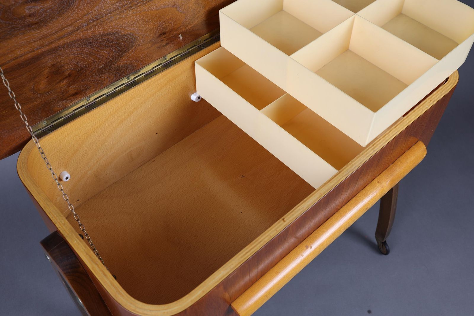 Mid Century Modern Sewing Box | Vintage Wooden Storage Cabinet With Folding Compartments | Retro Sewing Supplies Storage Solution photo Furniture