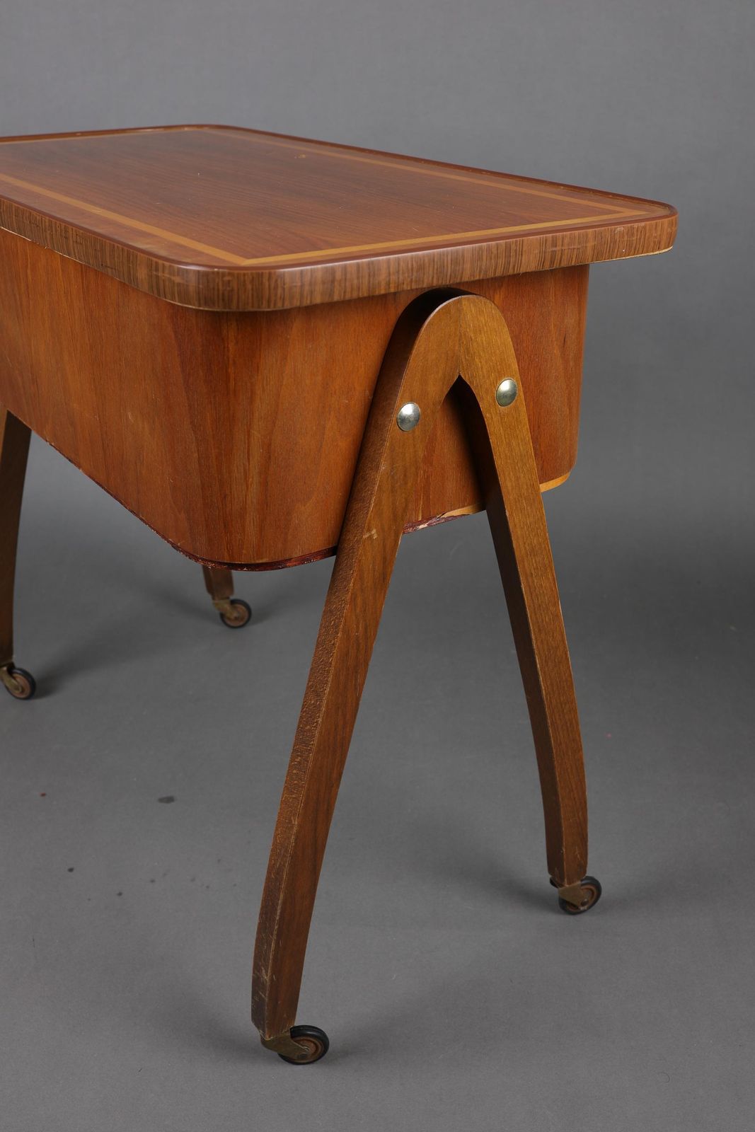 Mid Century Modern Sewing Box | Vintage Wooden Storage Cabinet With Folding Compartments | Retro Sewing Supplies Storage Solution photo vinterior