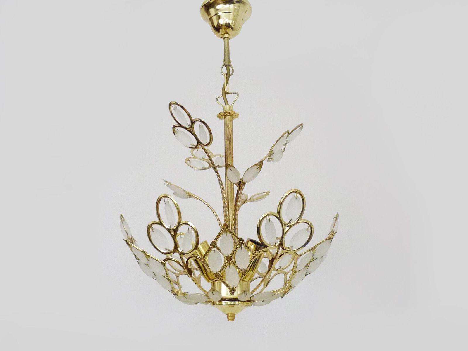 Antique 3 Light Floral Pendant Light In Gilded Metal With Glass Pendants. 1980s photo Lighting