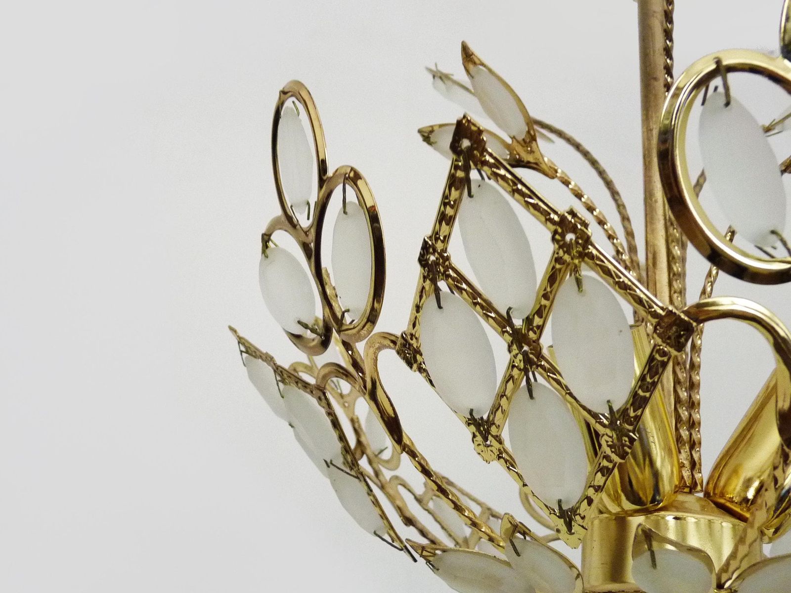 Antique 3 Light Floral Pendant Light In Gilded Metal With Glass Pendants. 1980s photo vintage