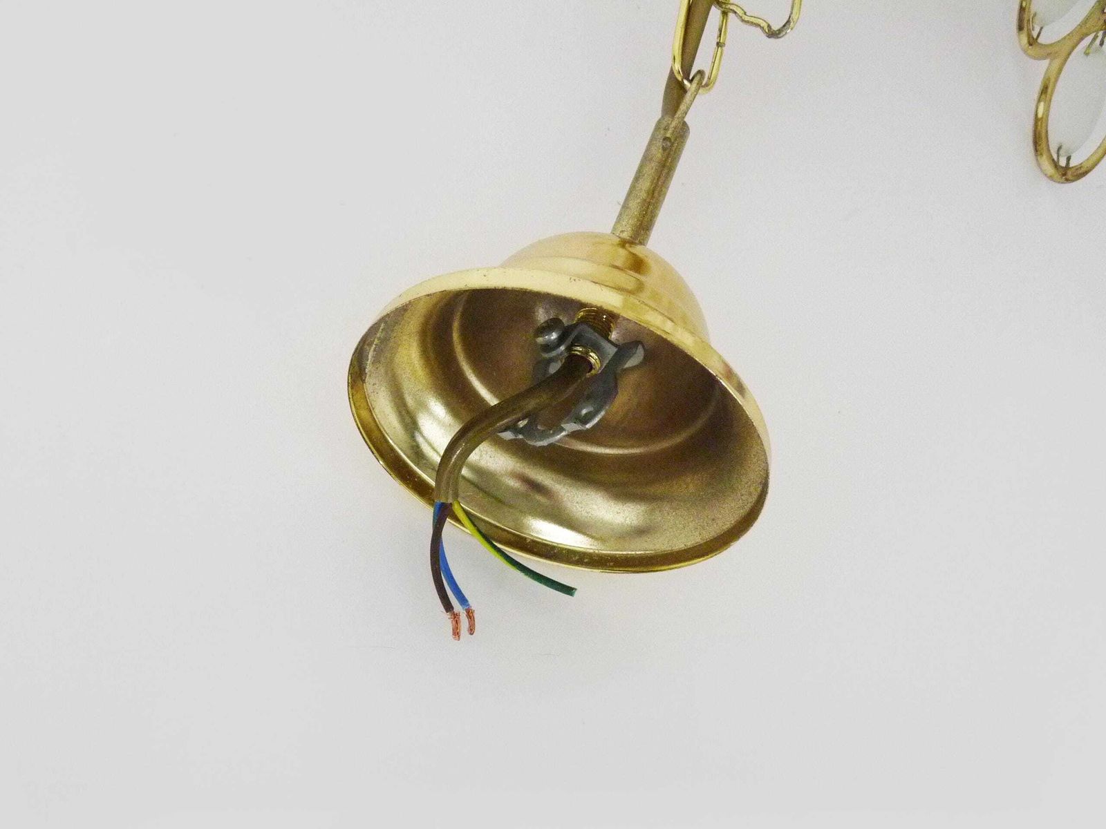 photo for sale Antique 3 Light Floral Pendant Light In Gilded Metal With Glass Pendants. 1980s
