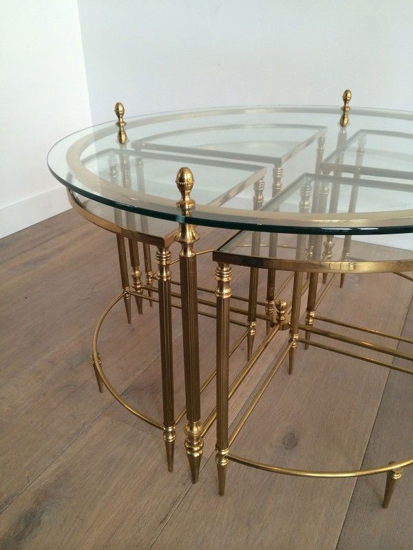 Neoclassical Round Brass Coffee Table With 4 Nesting Tables By Maison Bagués. Circa 1940 photo vinterior