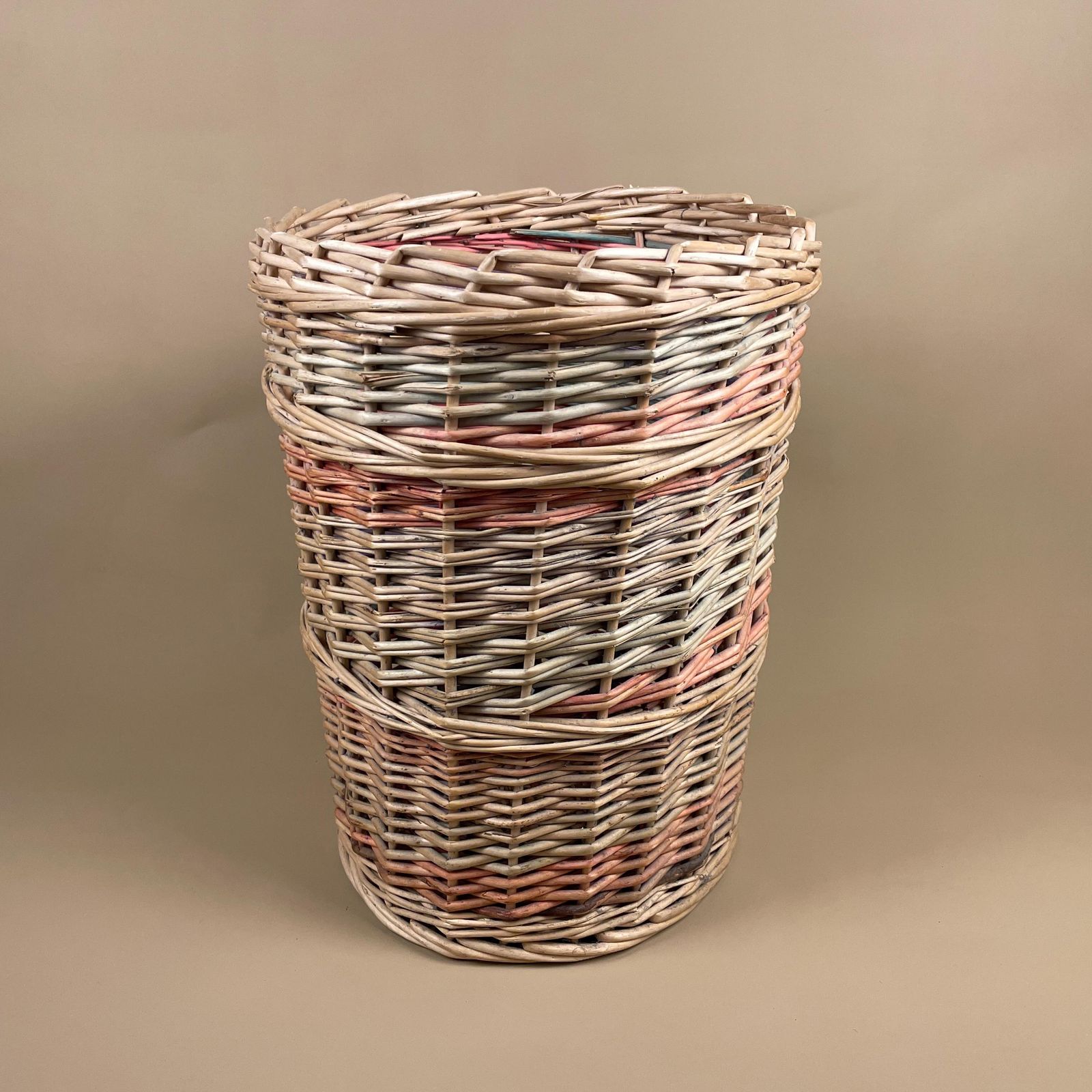 Vintage Round Basket Woven Wicker Brown Antique Cylinder Storage Farmhouse Cottage Decor Laundry Cane Wood Logs Fireplace Pale Striped