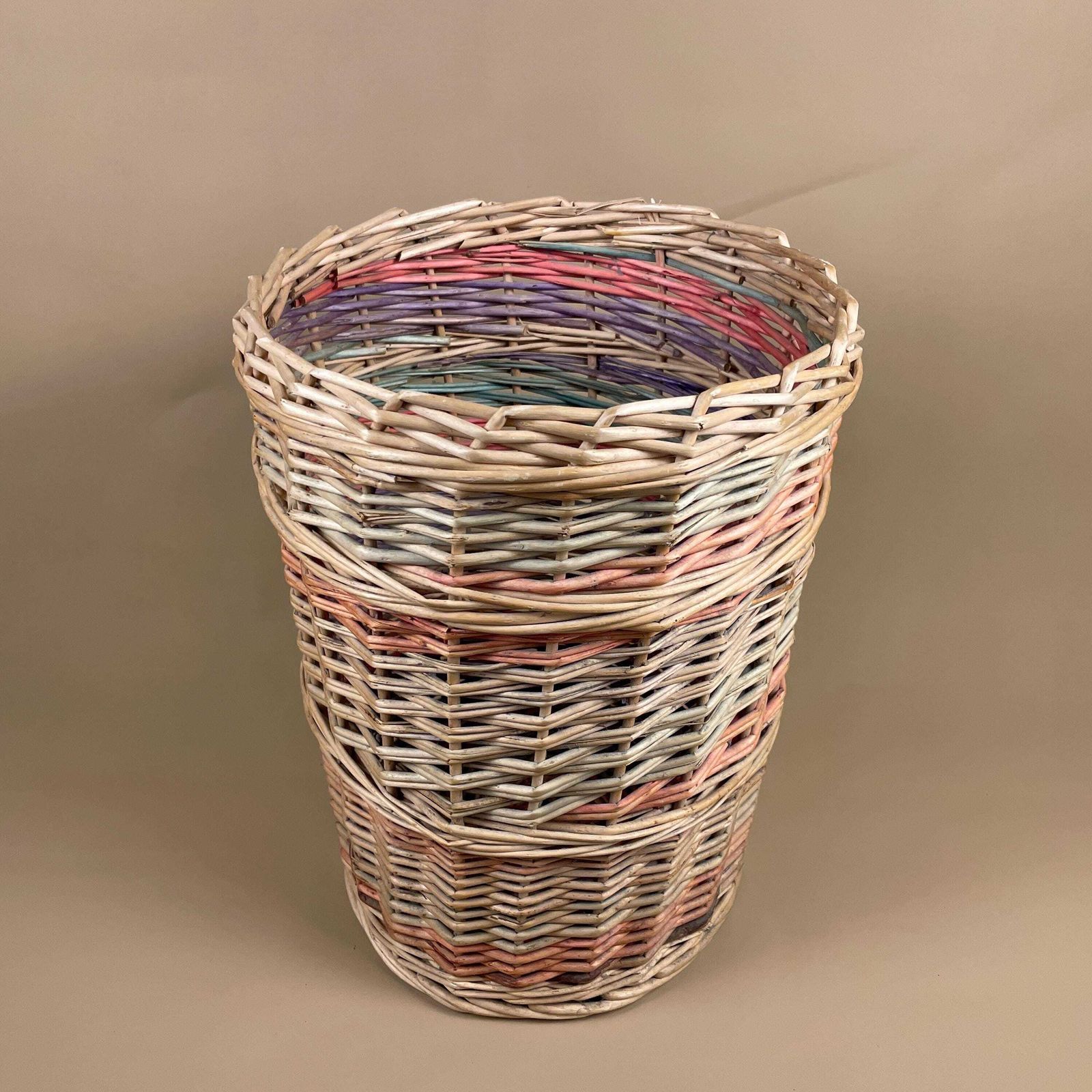Vintage Round Basket Woven Wicker Brown Antique Cylinder Storage Farmhouse Cottage Decor Laundry Cane Wood Logs Fireplace Pale Striped photo furniture