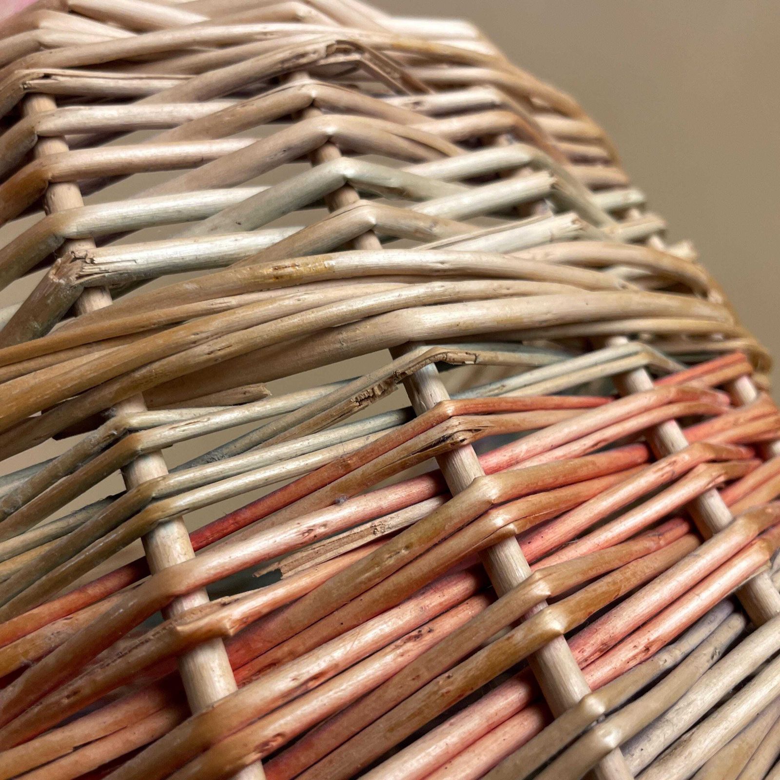Vintage Round Basket Woven Wicker Brown Antique Cylinder Storage Farmhouse Cottage Decor Laundry Cane Wood Logs Fireplace Pale Striped photo buy