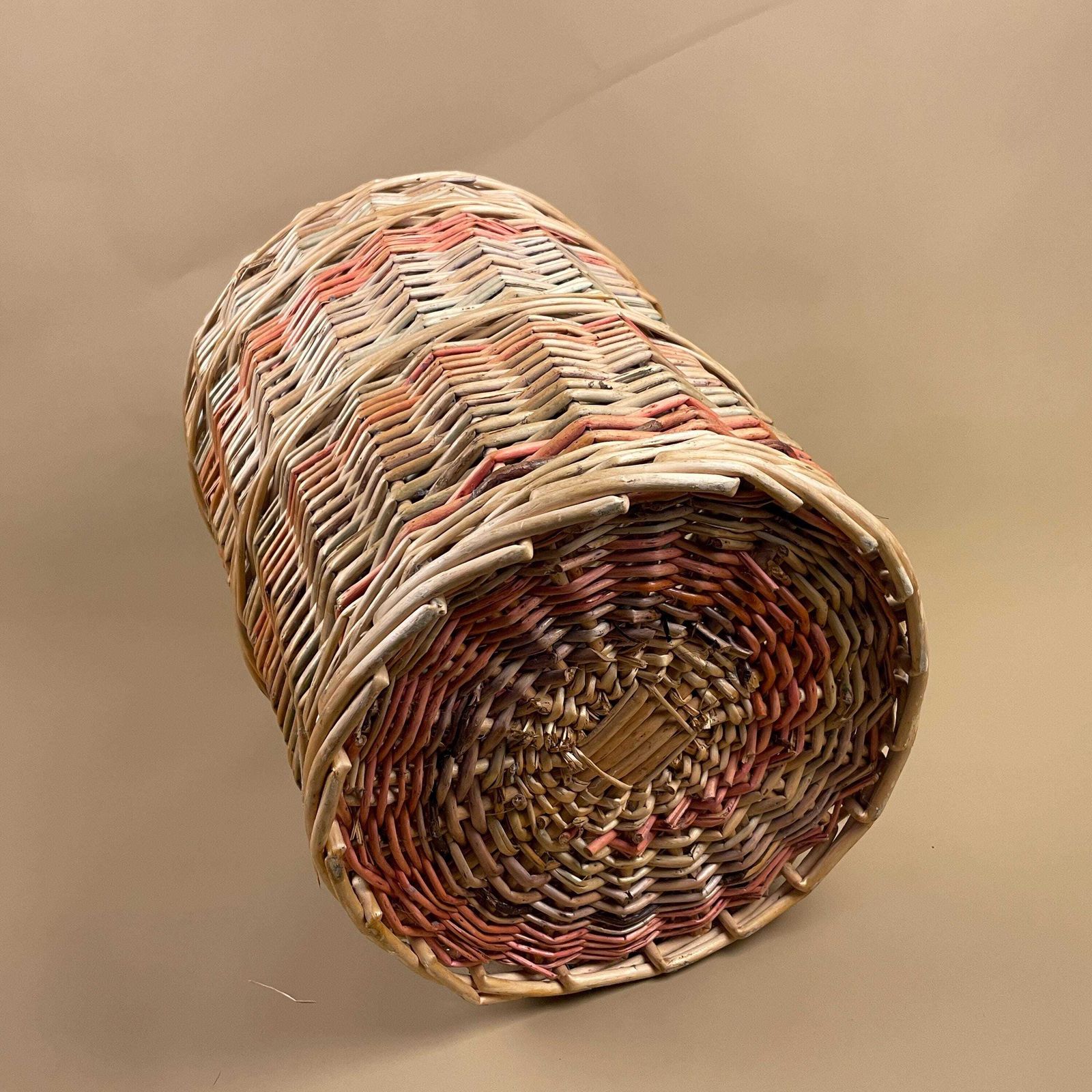 photo furniture Vintage Round Basket Woven Wicker Brown Antique Cylinder Storage Farmhouse Cottage Decor Laundry Cane Wood Logs Fireplace Pale Striped