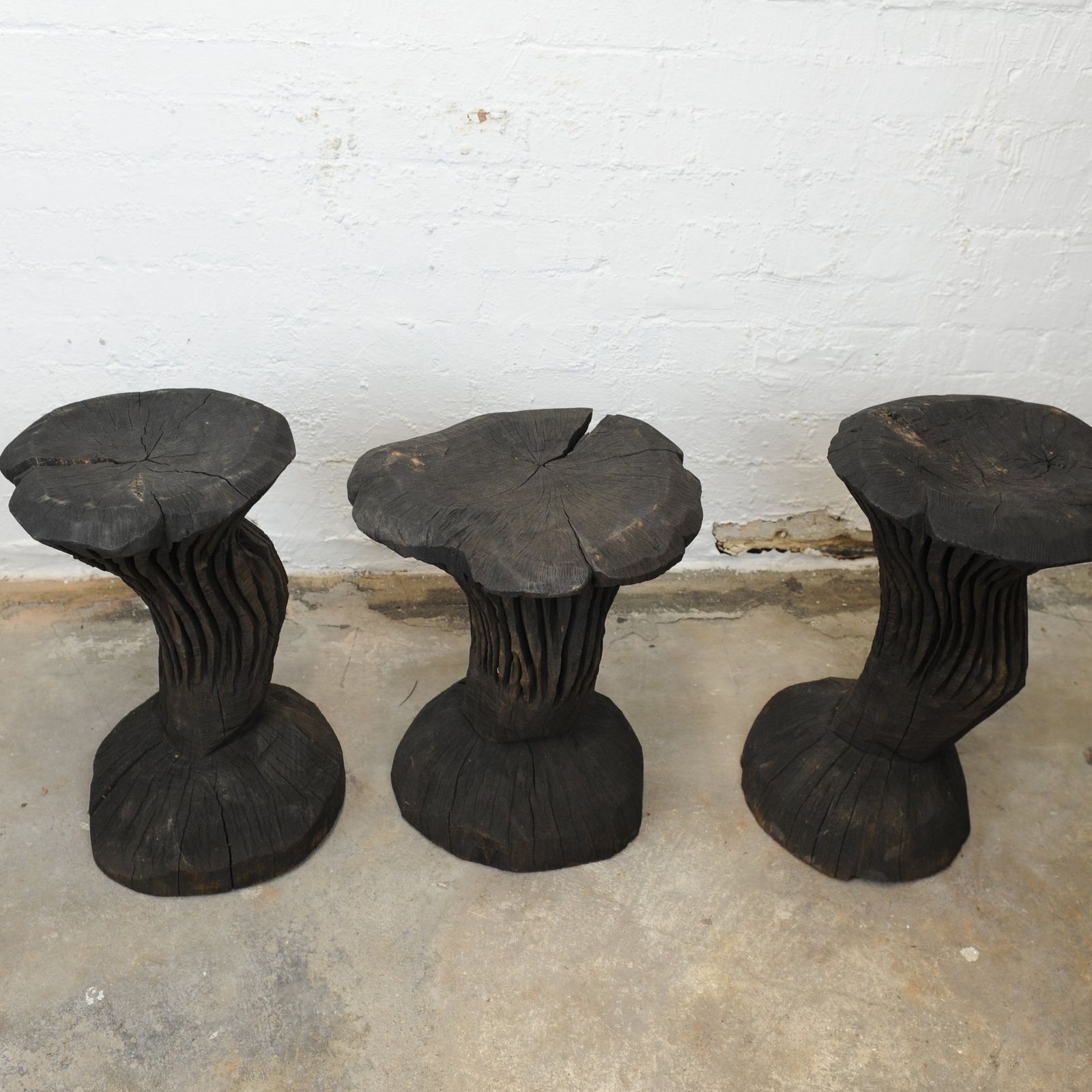 Solid Burnt Wood, Sculptural Side Tables, Set Of 3, 1980s photo furniture