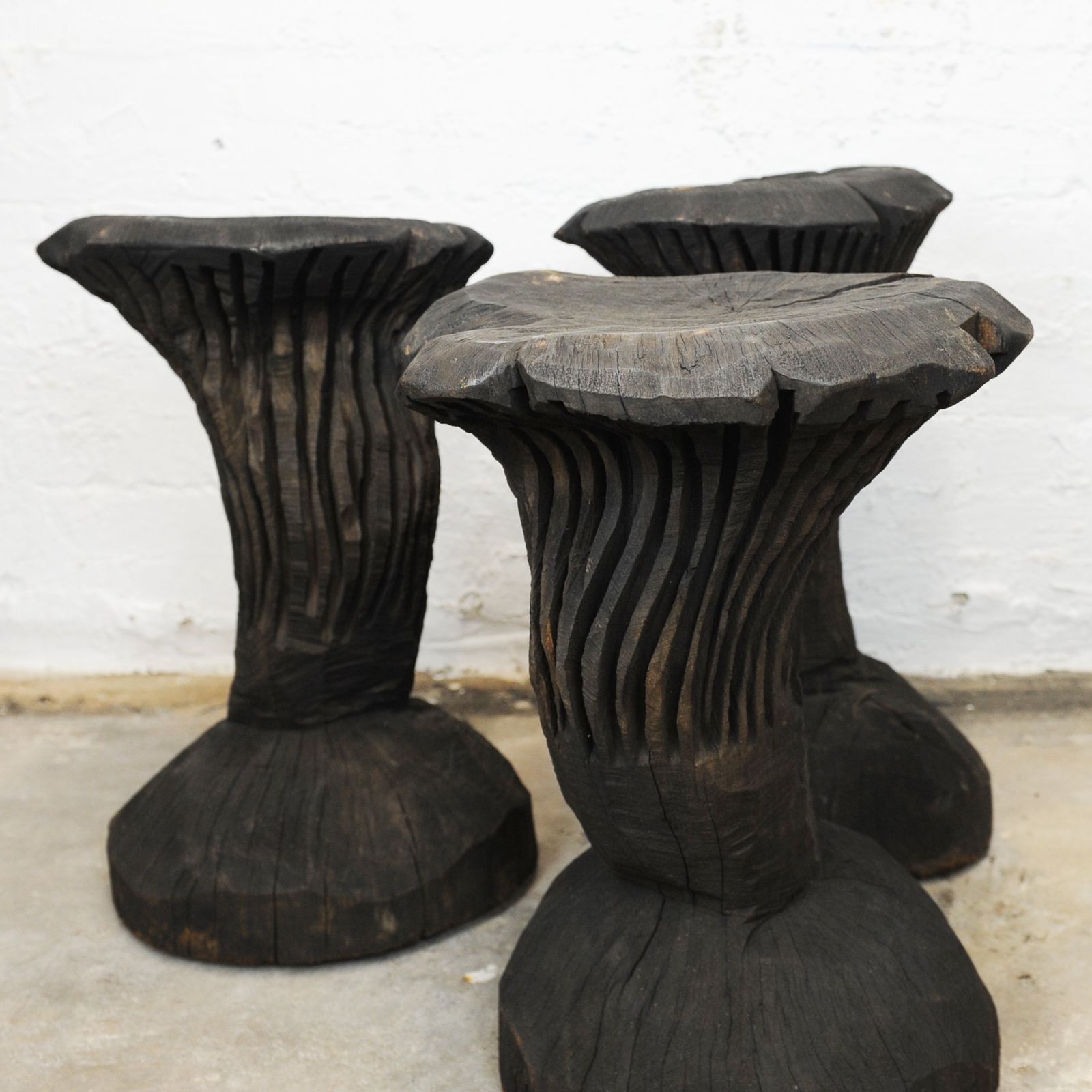 photo furniture Solid Burnt Wood, Sculptural Side Tables, Set Of 3, 1980s