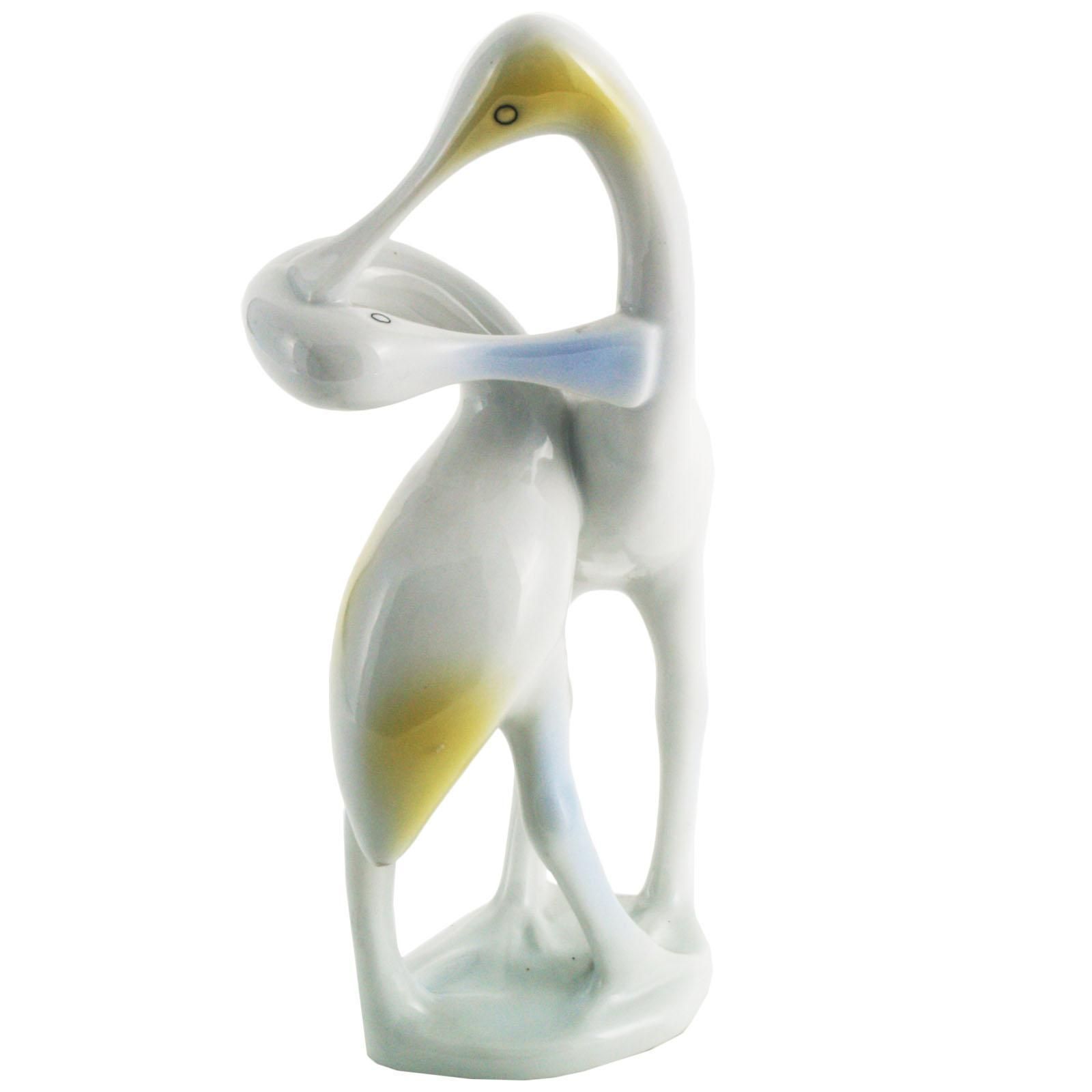 Midcentury Art Deco Hungarian Porcelain Statuette Swans Couple By Holloaza photo for sale
