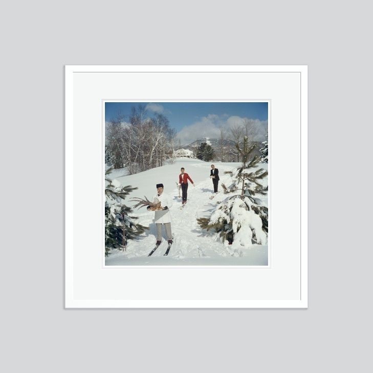 Slim Aarons 'Skiing Waiters' Framed White photo furniture