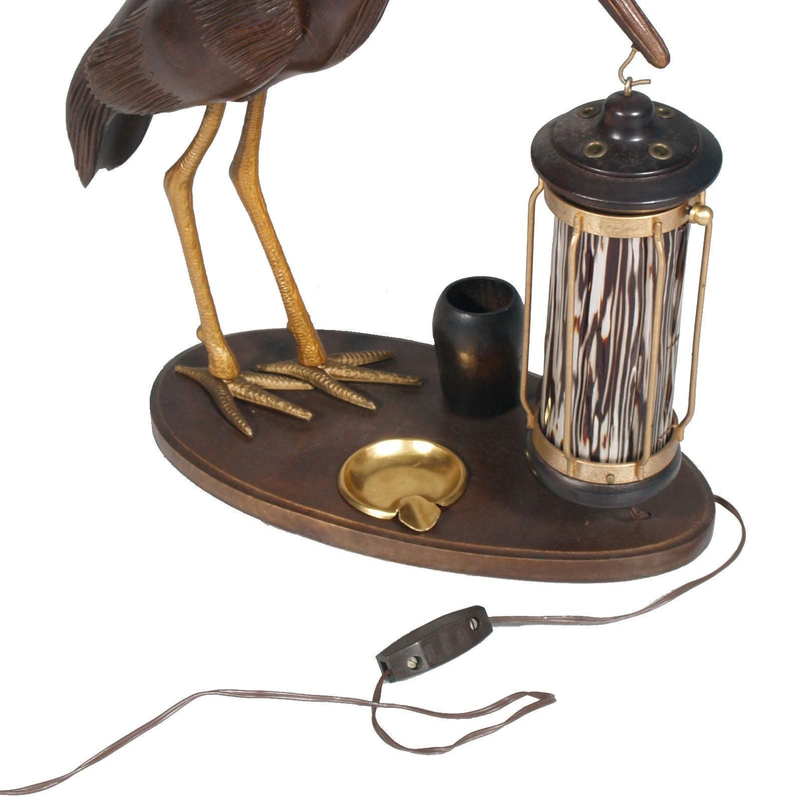 1940s Art Deco Heron Table Lamp, Ashtray, Cigarette Service, Hand Carved Wood photo for sale