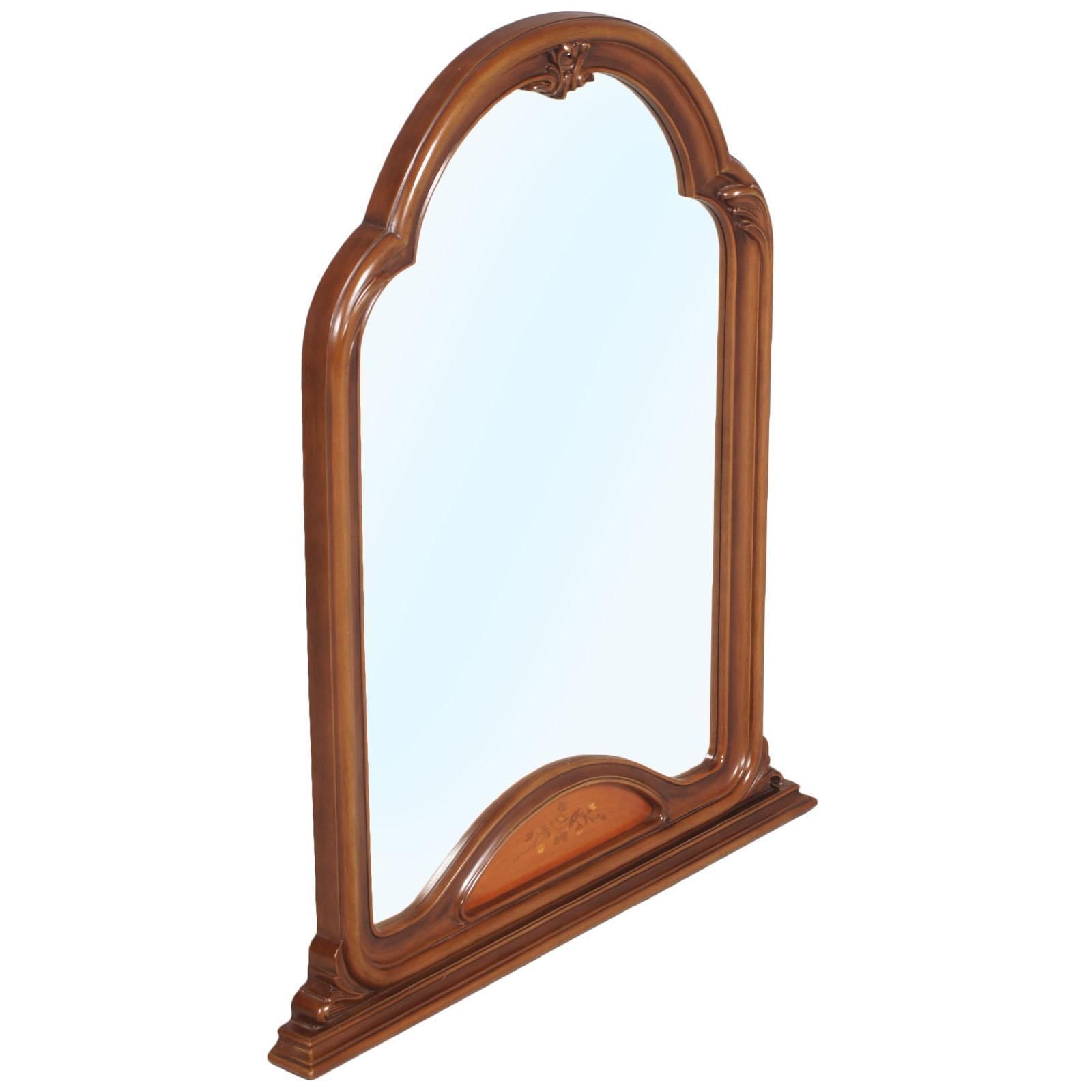 Midcentury Italy Gothic Art Deco Period, Wall Mirror In Carved And Inlay Walnut