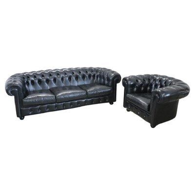 Set Of Sofa And Armchair In Black Leather, 1980s
