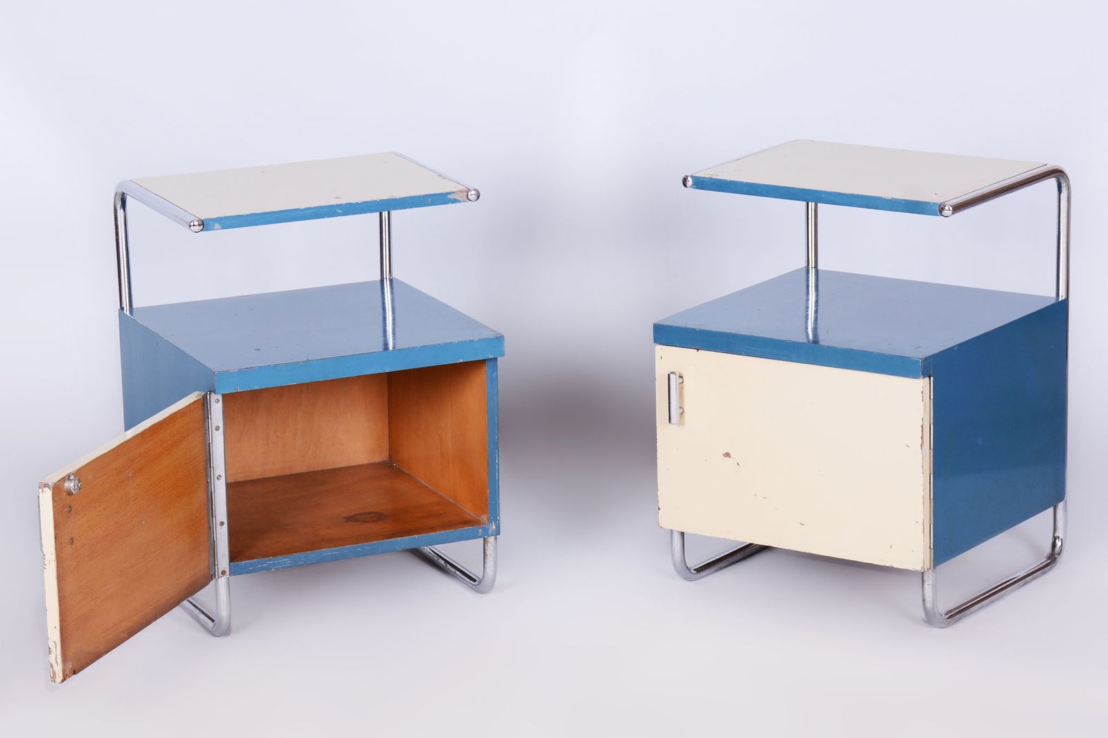 Pair Of Restored Bauhaus Bedside Tables, Chrome, Lacquered Wood, Czech, 1930s