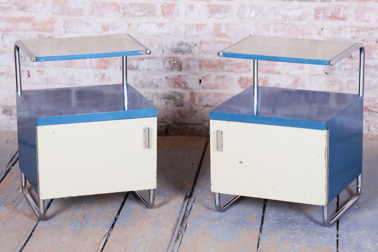 Pair Of Restored Bauhaus Bedside Tables, Chrome, Lacquered Wood, Czech, 1930s photo Furniture