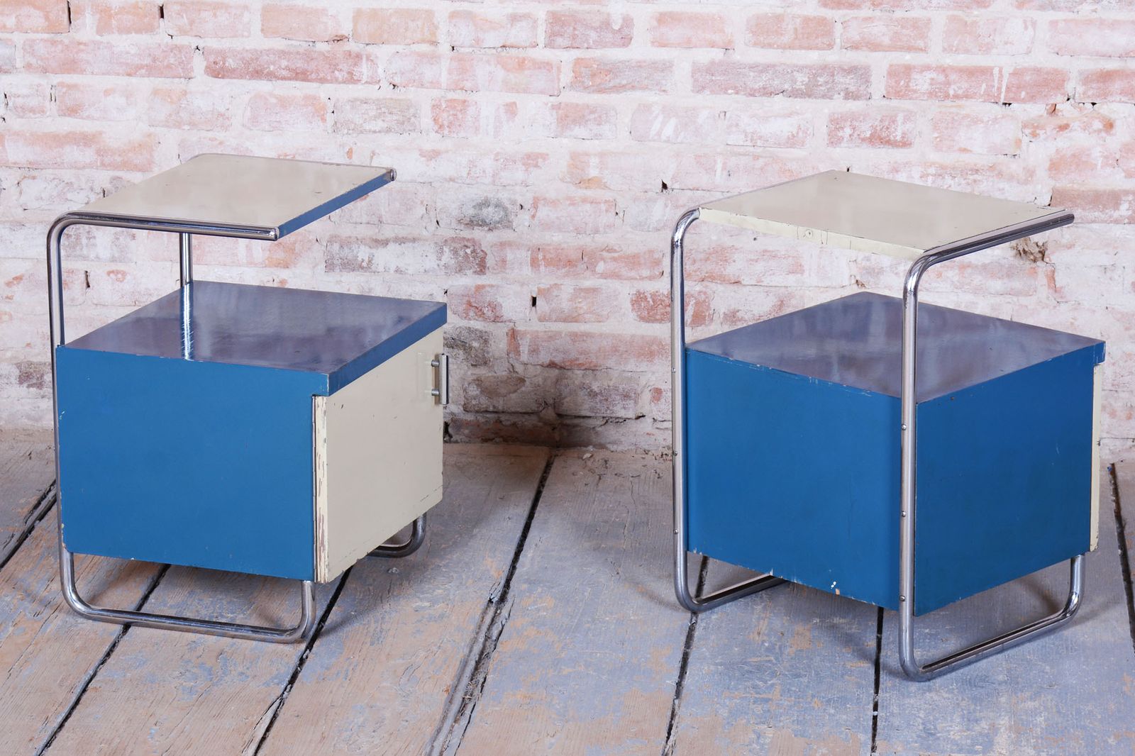 photo furniture Pair Of Restored Bauhaus Bedside Tables, Chrome, Lacquered Wood, Czech, 1930s