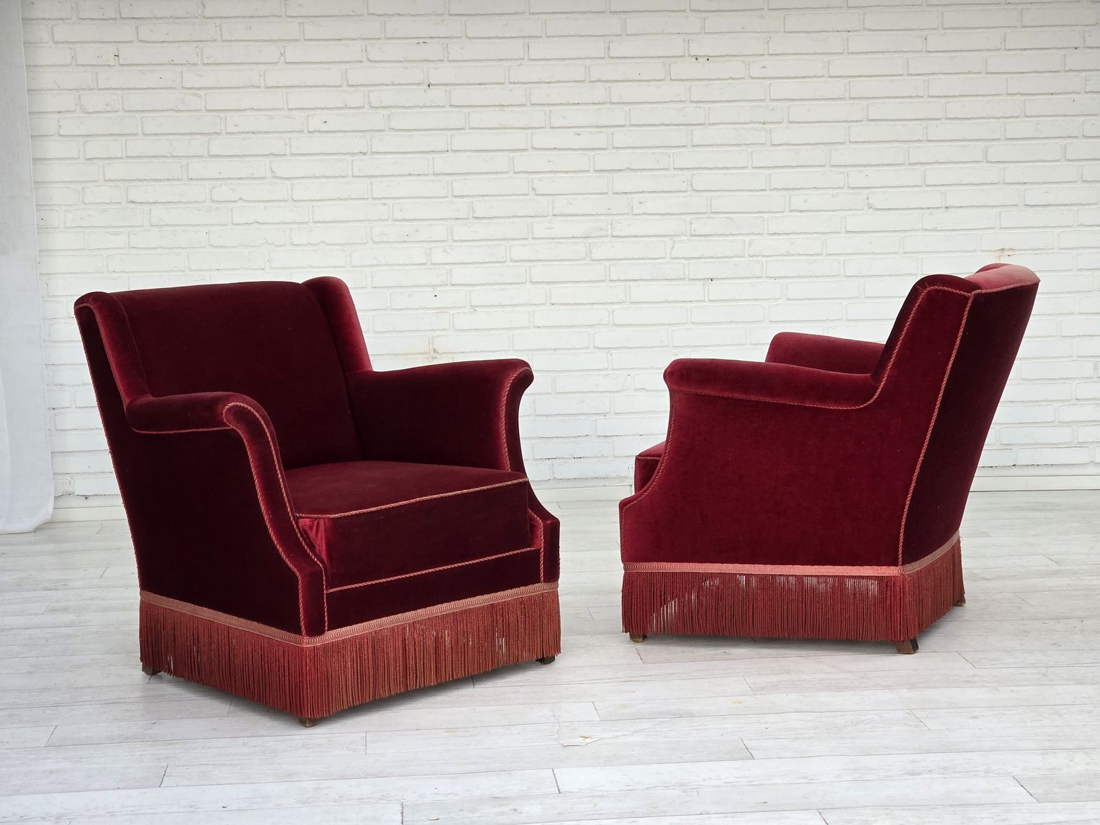 1960s, Danish Armchair, Cherry Red Furniture Velour, Ash Wood, Original. photo furniture