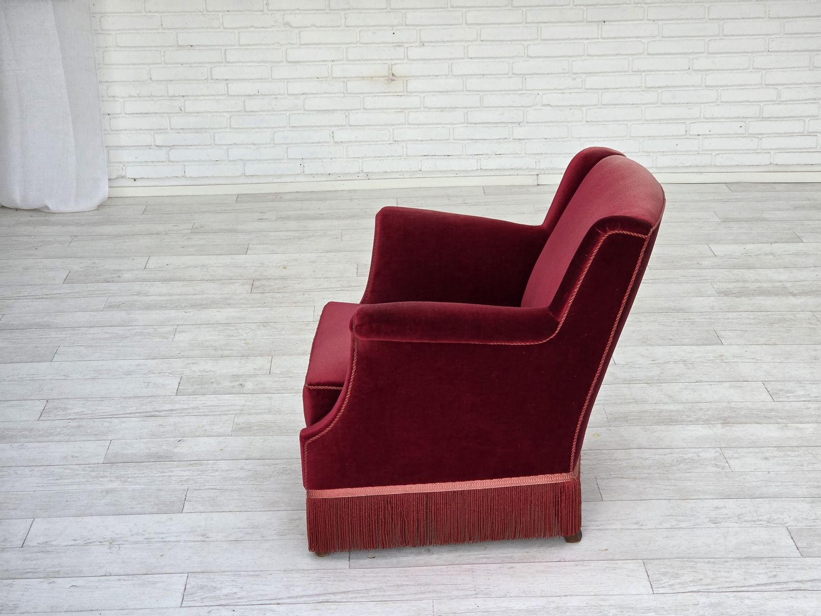 1960s, Danish Armchair, Cherry Red Furniture Velour, Ash Wood, Original. photo 990.0