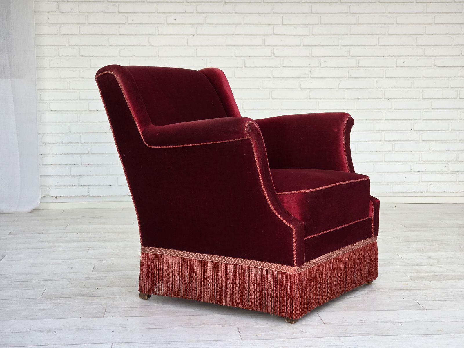 Furniture 1960s, Danish Armchair, Cherry Red Furniture Velour, Ash Wood, Original. photo