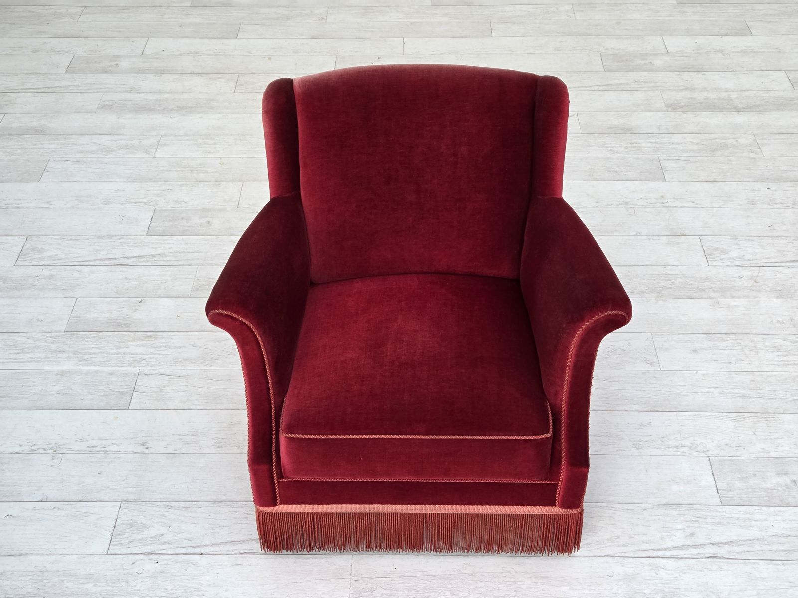 990.0 1960s, Danish Armchair, Cherry Red Furniture Velour, Ash Wood, Original. photo
