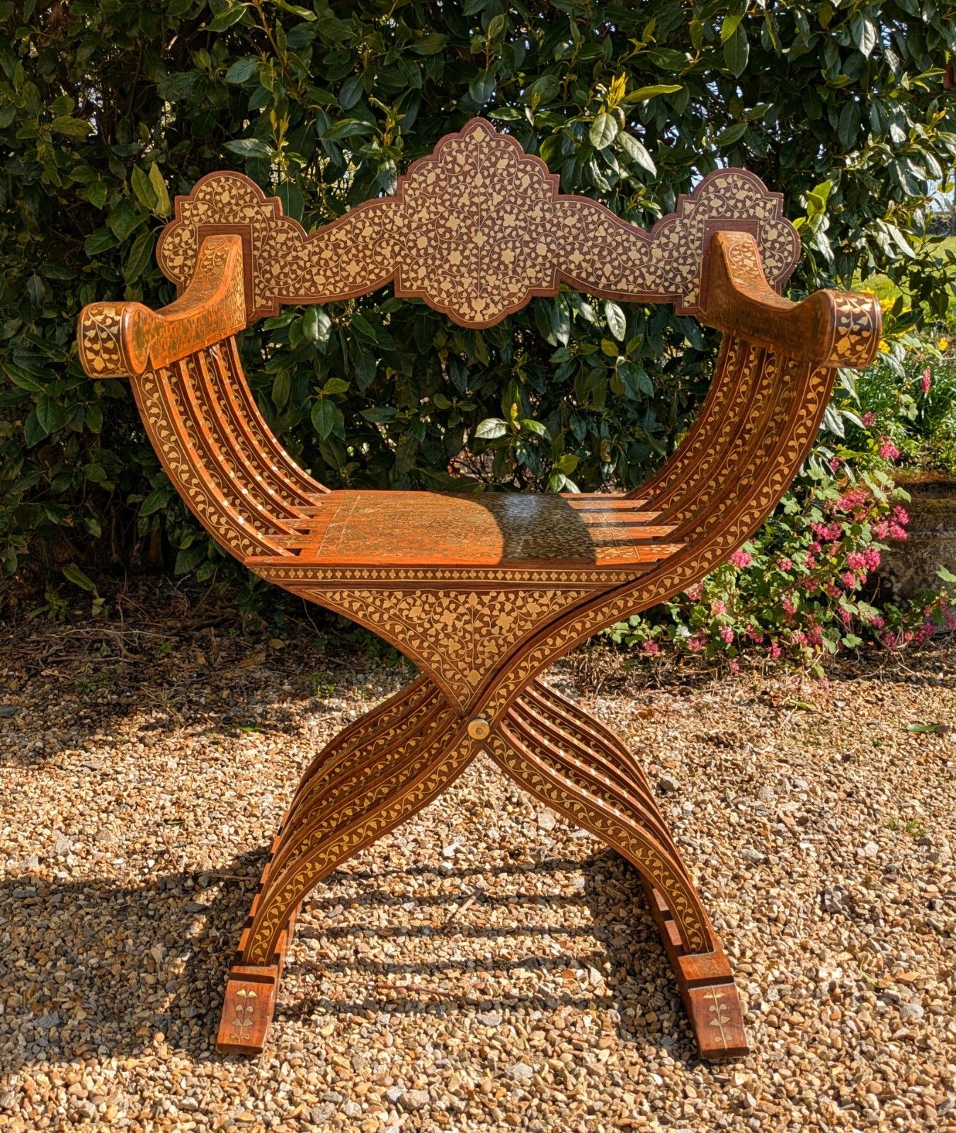 Stunning 19th Century Hoshiapur Savonarola Inlaid Brass Armchair photo for sale