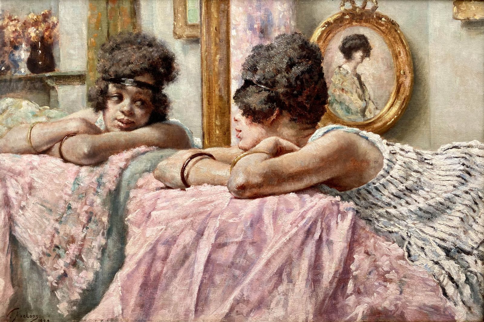 photo furniture 'Girl At The Mirror' Door Victor Abeloos (1881 – 1965), Gesigneerd En Gedateerd 1920